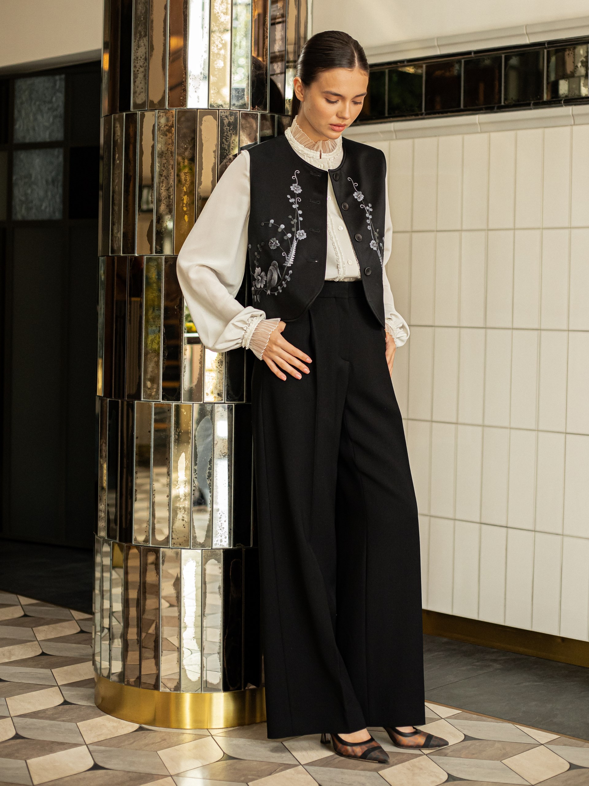 Park Avenue Atelier palazzo pants in black wool