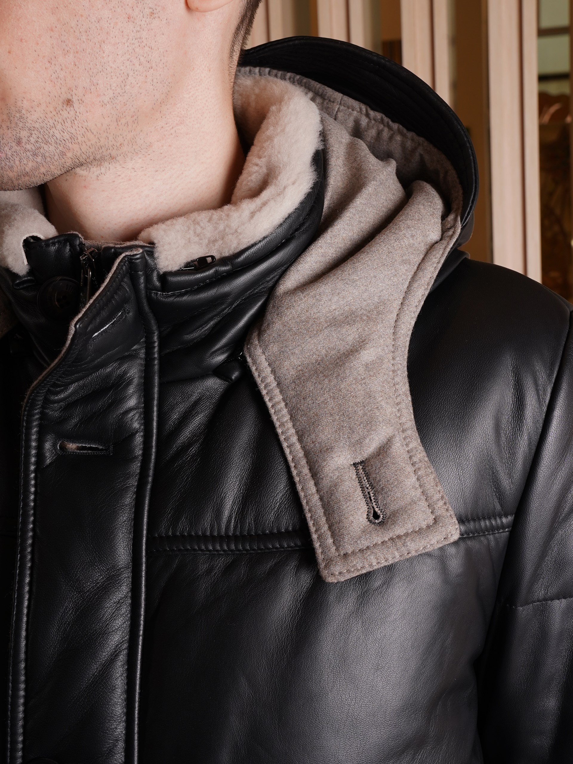 Stilnology Black Quilted Leather Down Jacket for Men