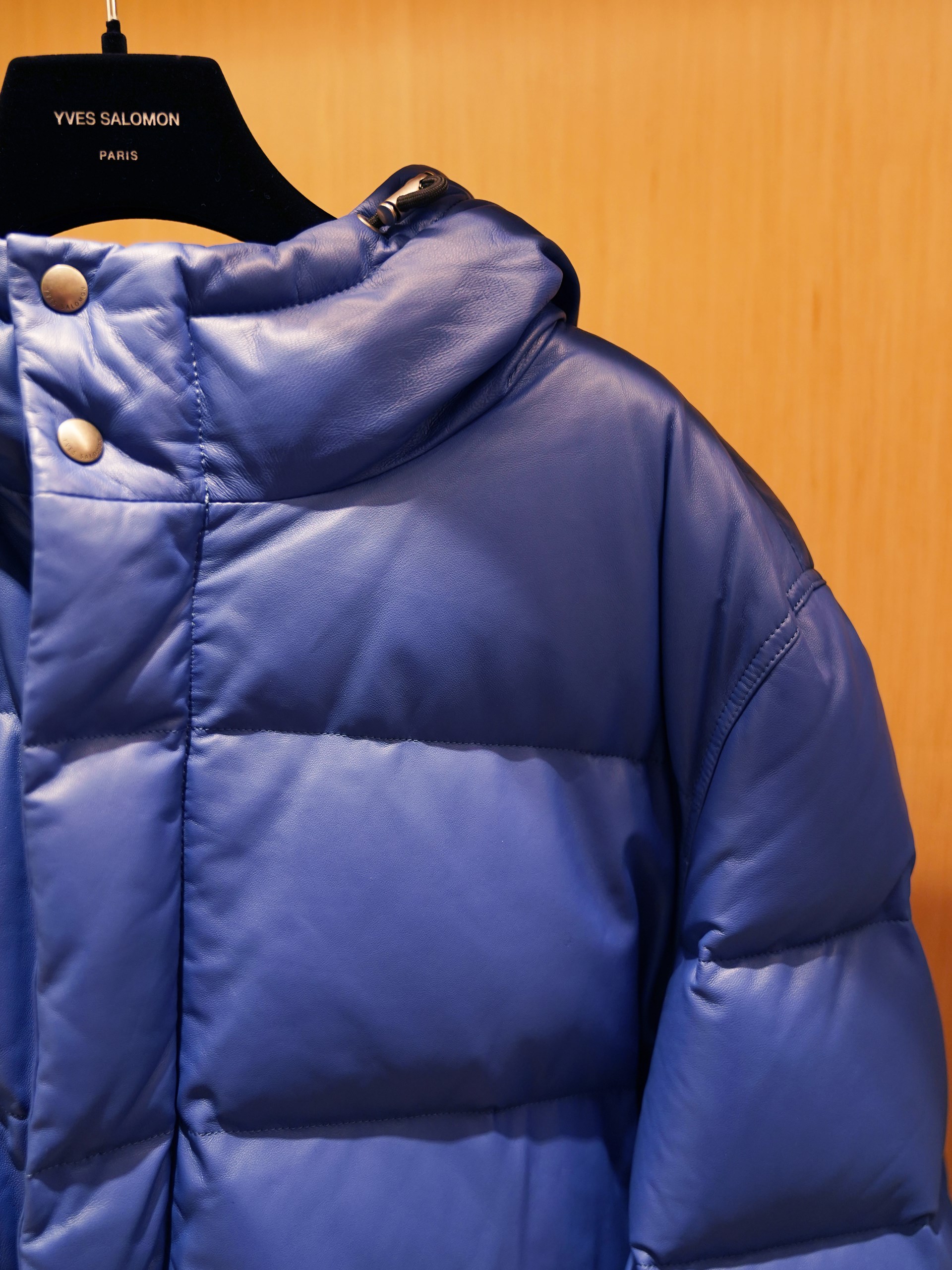 Yves Salomon men's blue leather quilted down jacket