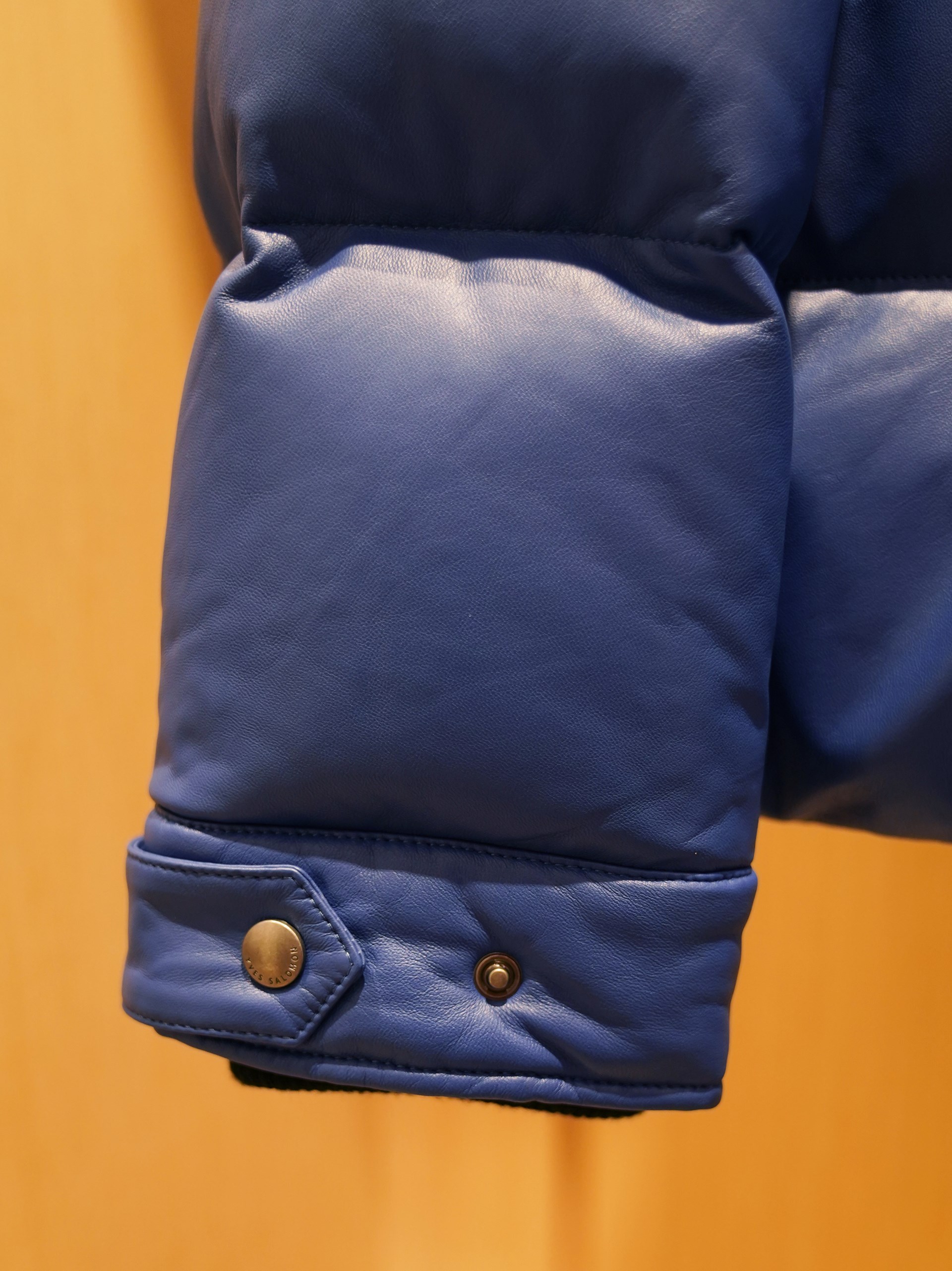 Yves Salomon men's blue leather quilted down jacket