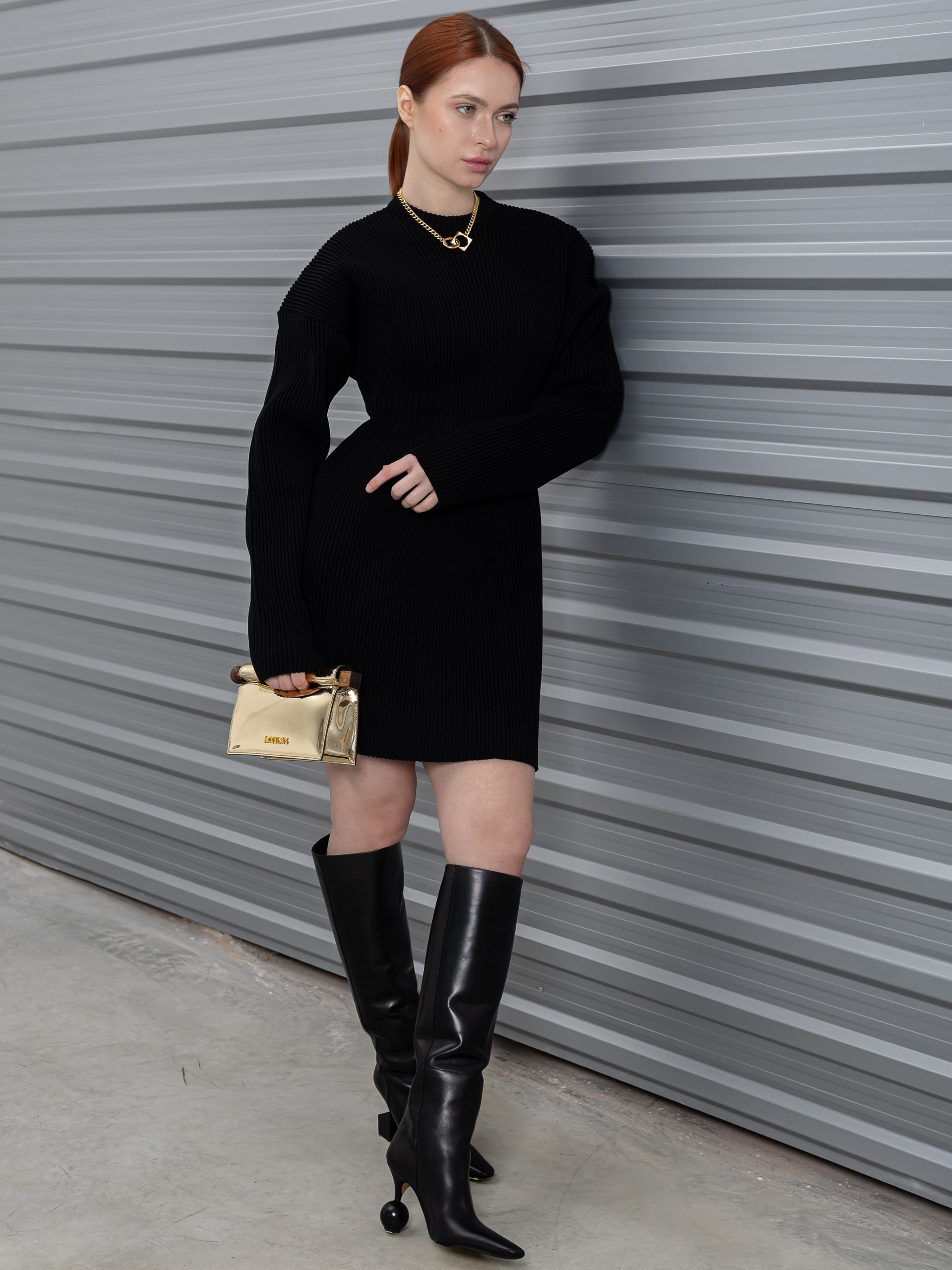 Balenciaga Hourglass Black Ribbed Midi Dress