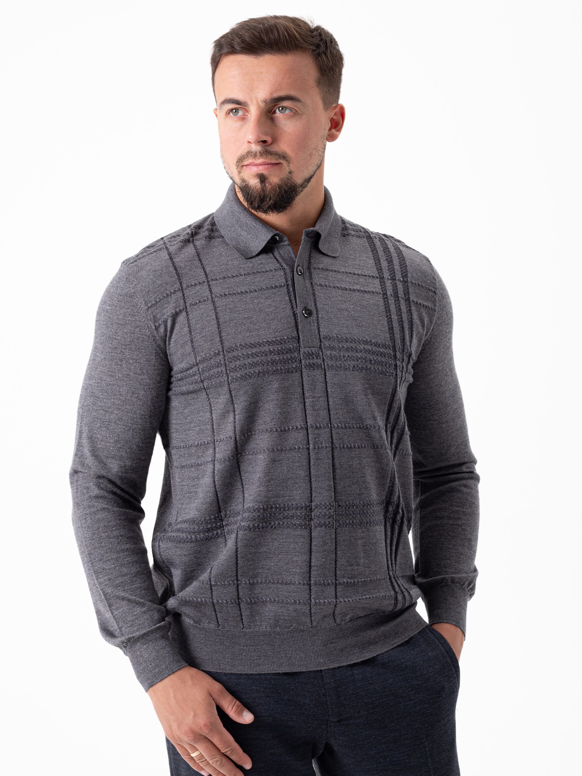Bertolo Men's Gray Wool & Silk Jacquard Polo