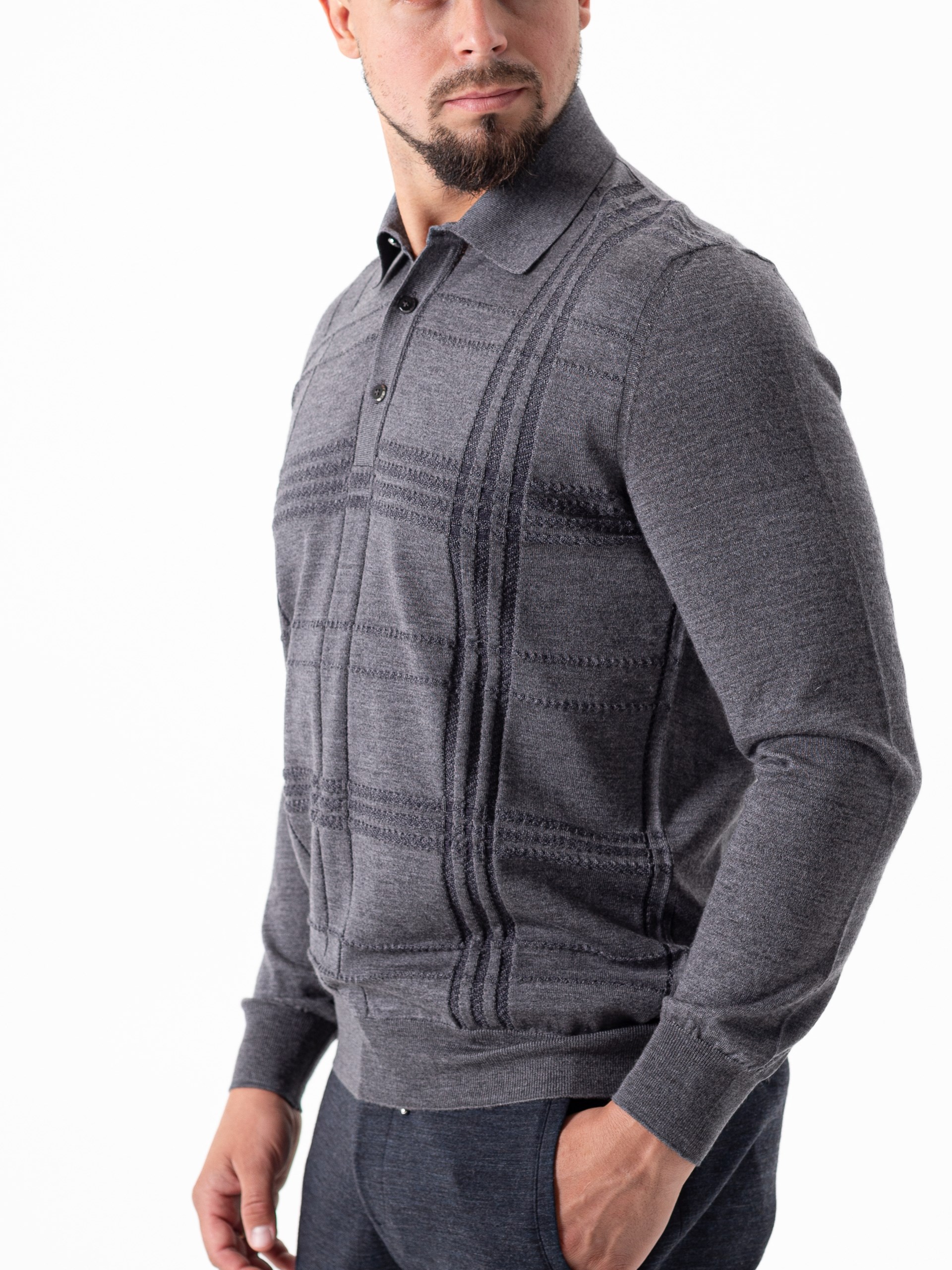 Bertolo Men's Gray Wool & Silk Jacquard Polo
