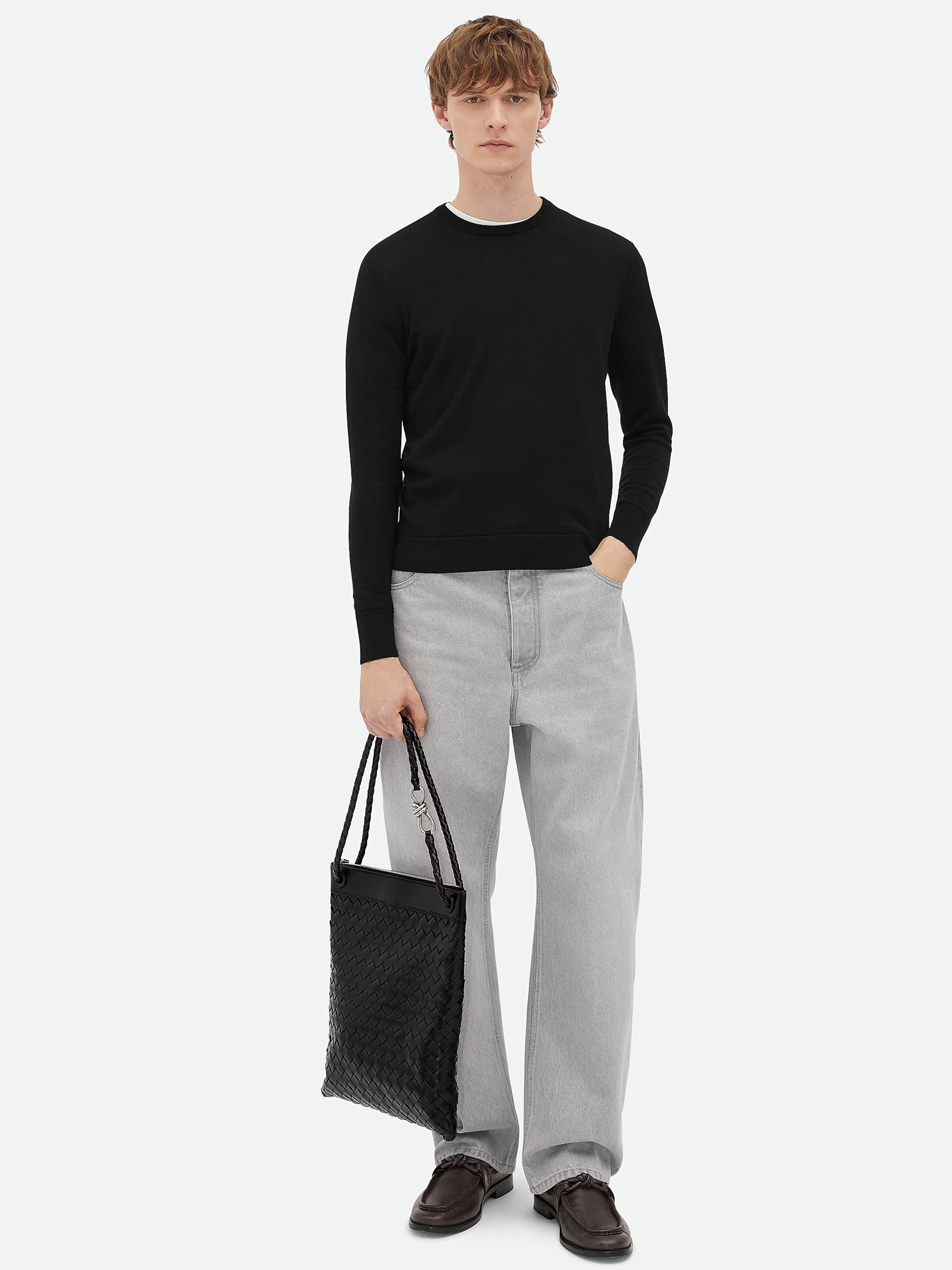 Black men's Bottega Veneta Flat Andiamo Messenger bag in soft Intrecciato leather