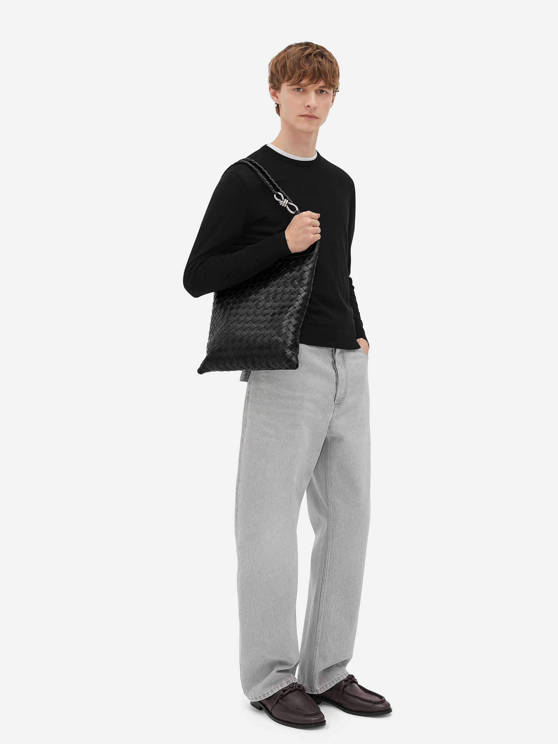 Black men's Bottega Veneta Flat Andiamo Messenger bag in soft Intrecciato leather