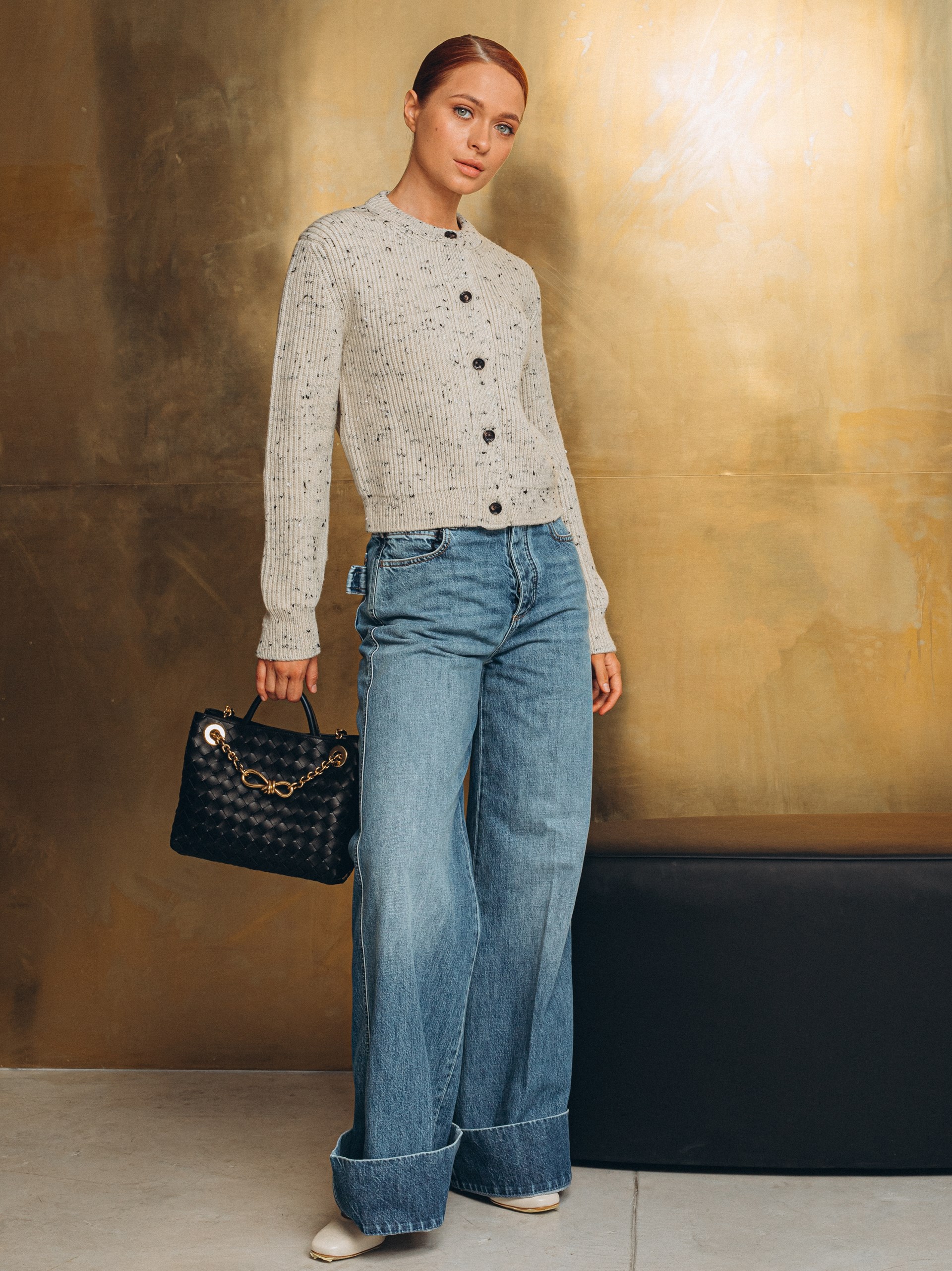 Bottega Veneta light beige textured wool cardigan