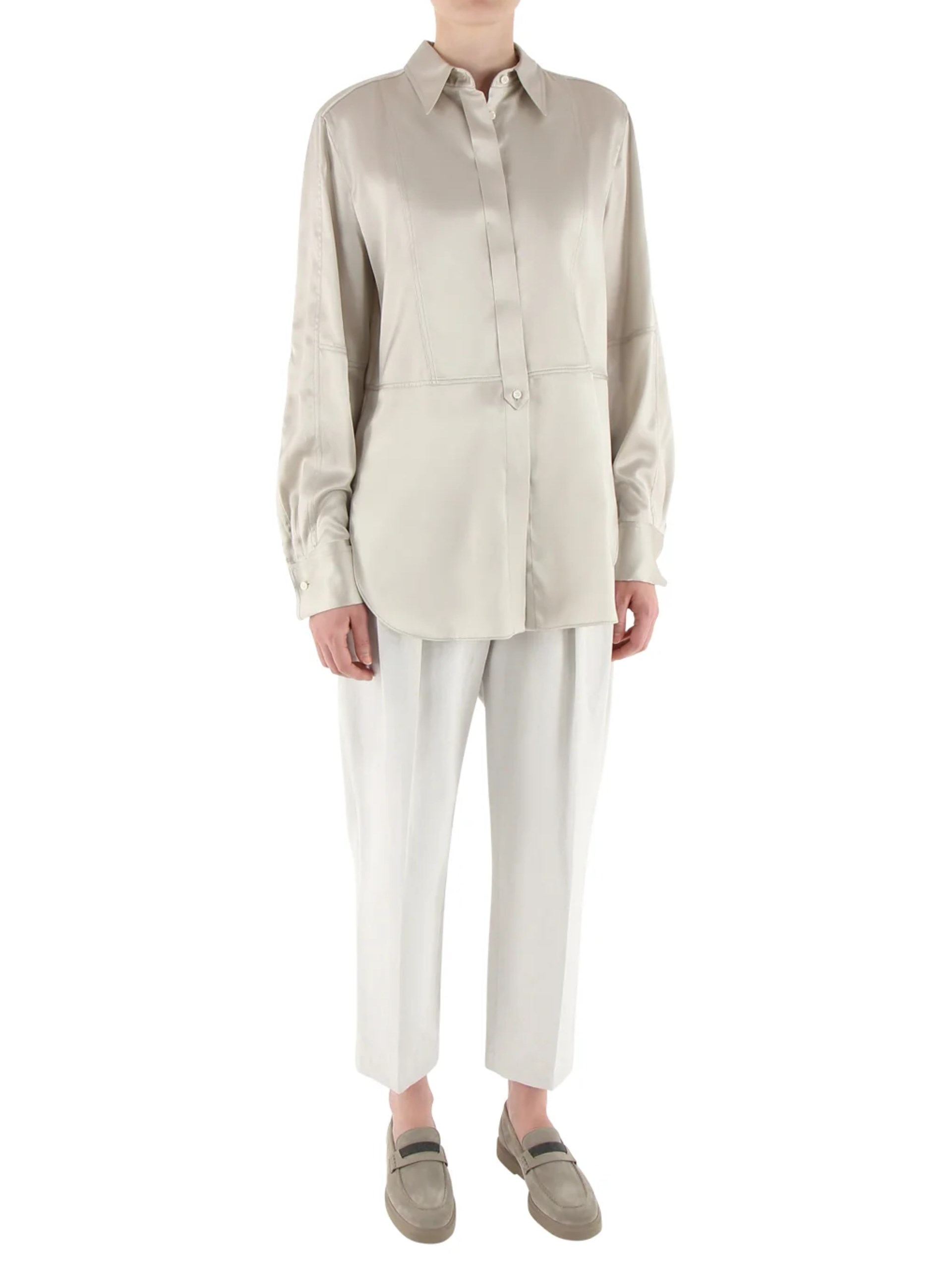 Brunello Cucinelli grey silk satin long-sleeved blouse
