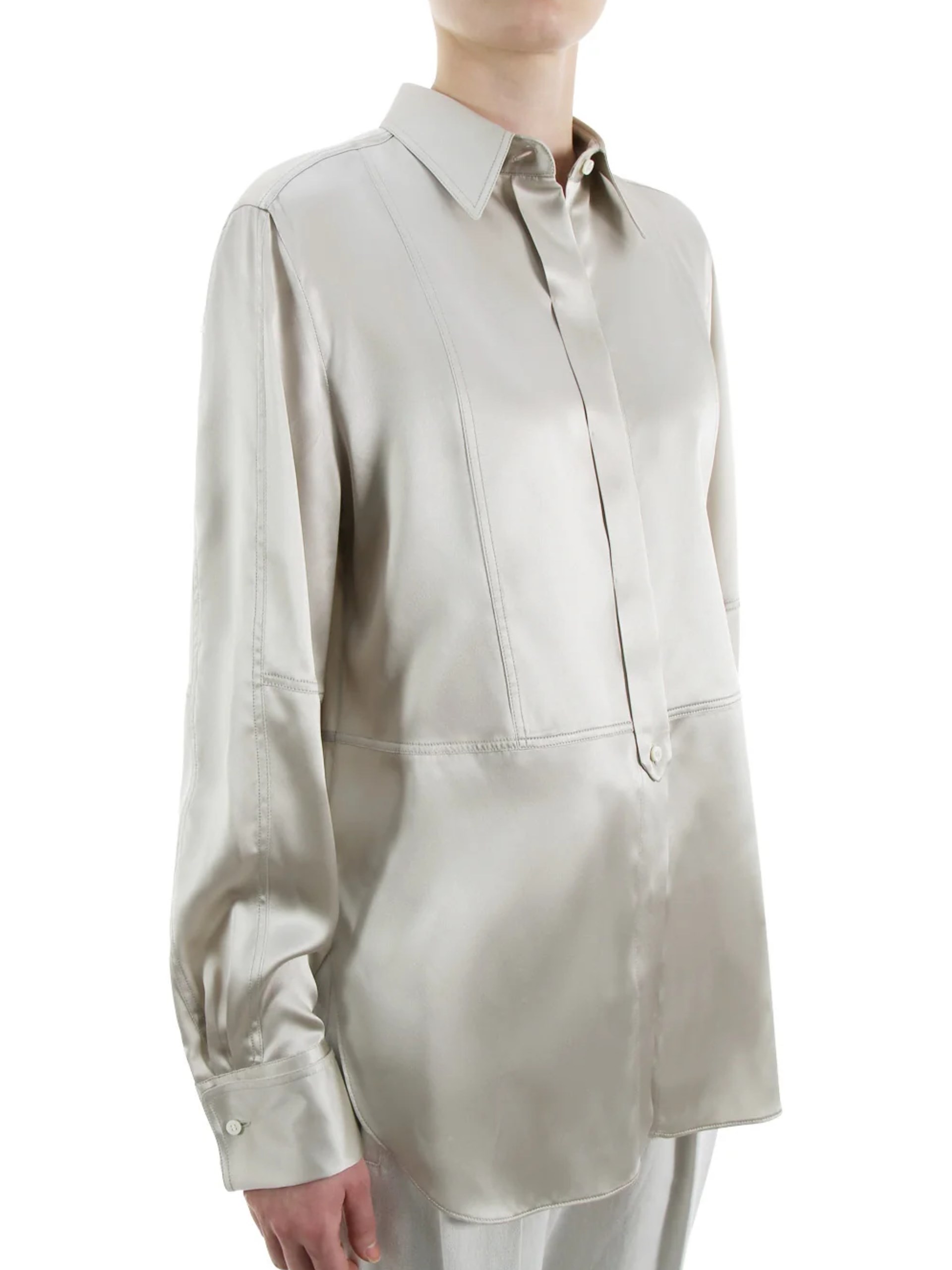 Brunello Cucinelli grey silk satin long-sleeved blouse