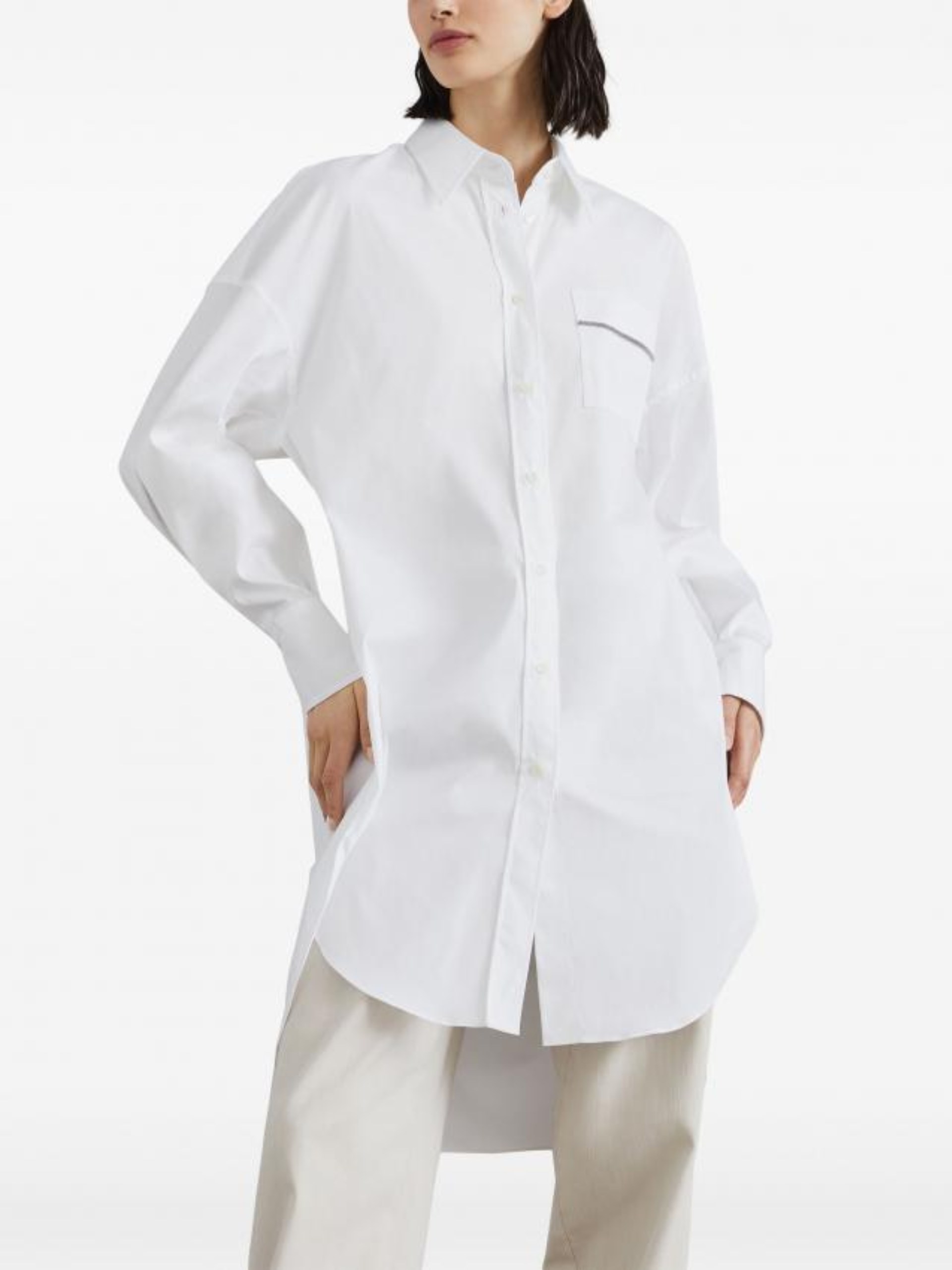Brunello Cucinelli white elongated shirt with Monili detail