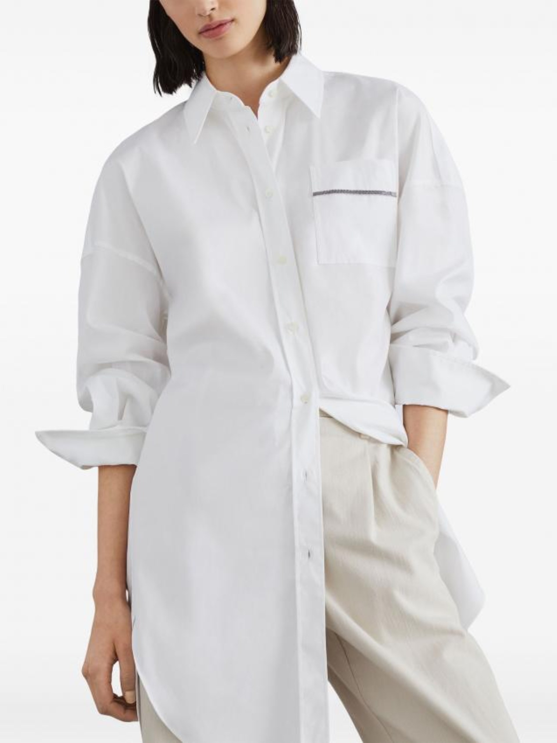 Brunello Cucinelli white elongated shirt with Monili detail