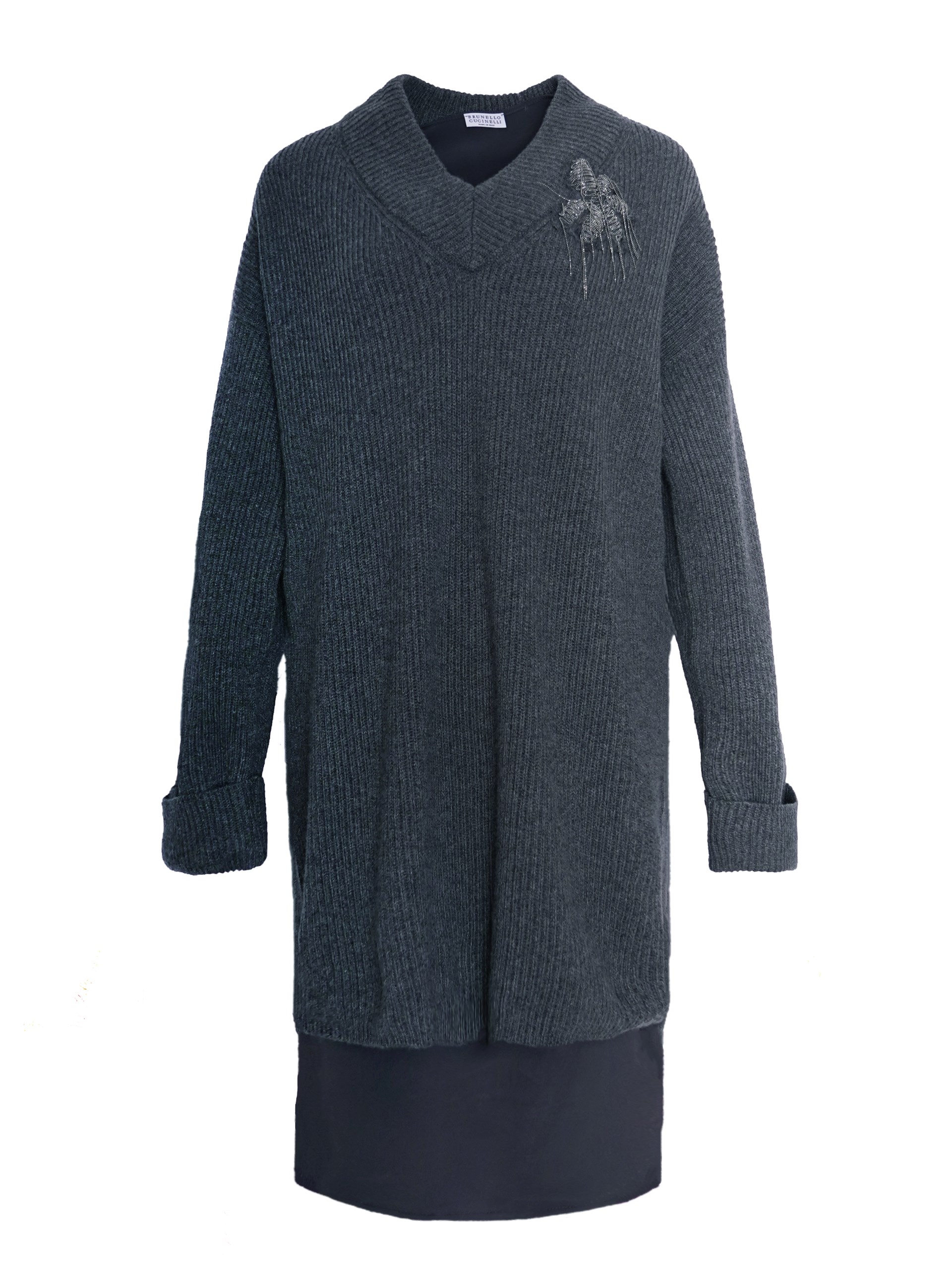 Brunello Cucinelli grey knit dress with stitched Monili element