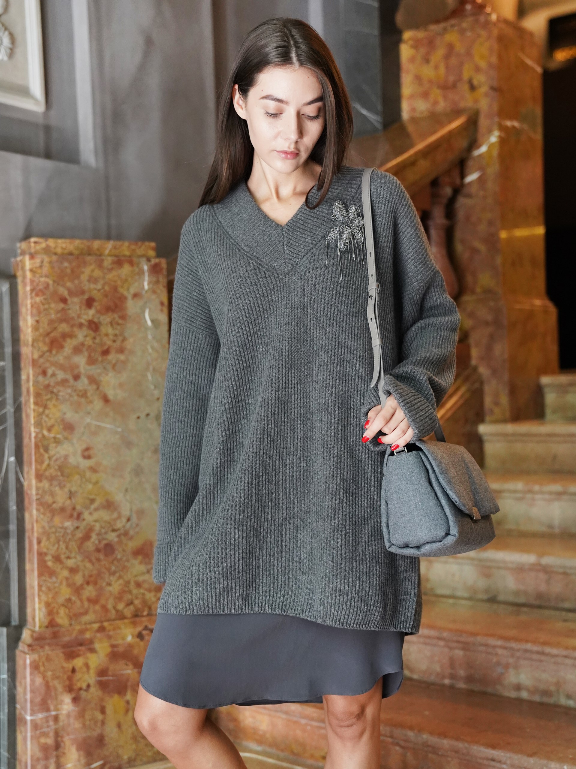 Brunello Cucinelli grey knit dress with stitched Monili element