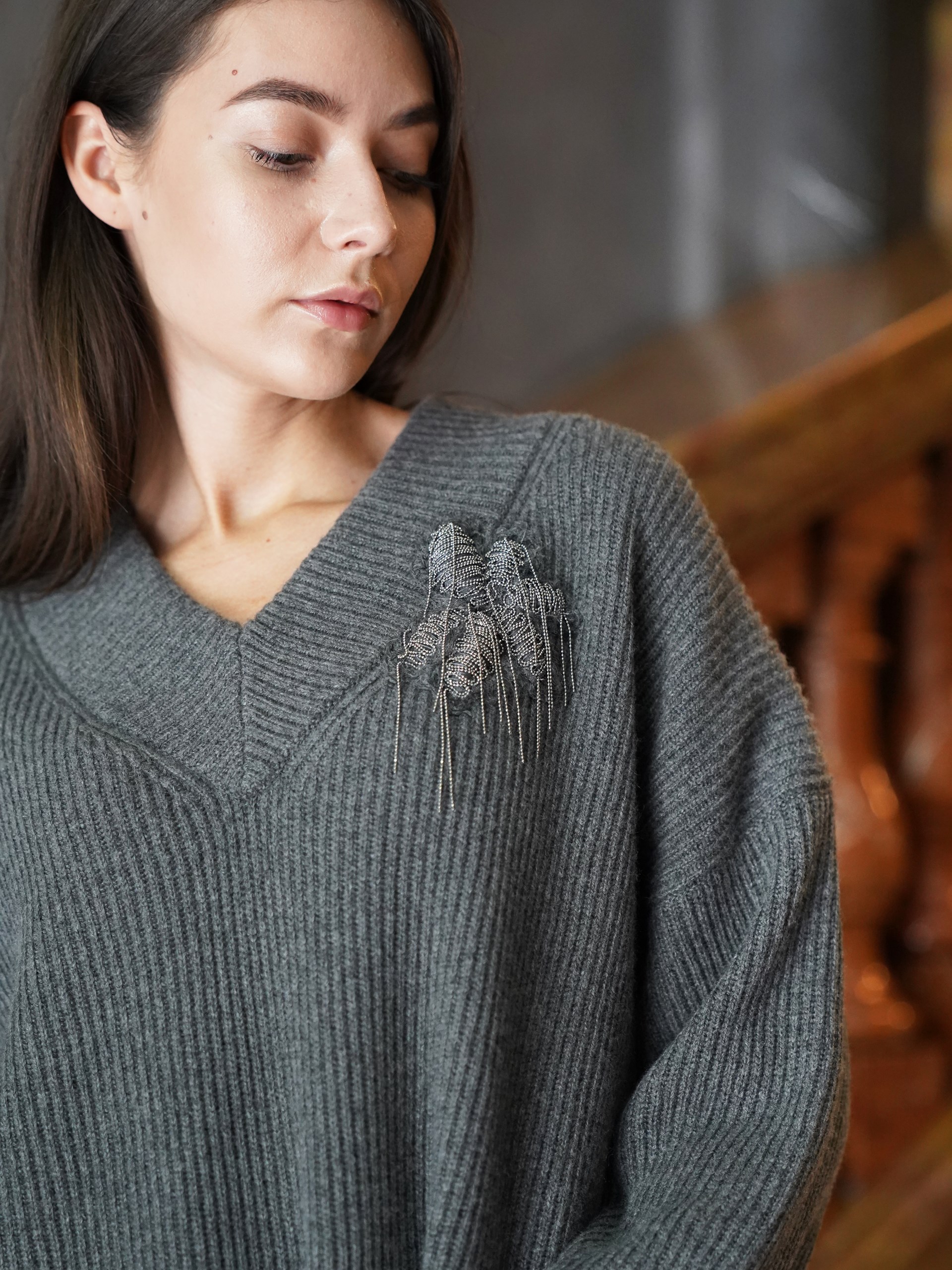 Brunello Cucinelli grey knit dress with stitched Monili element