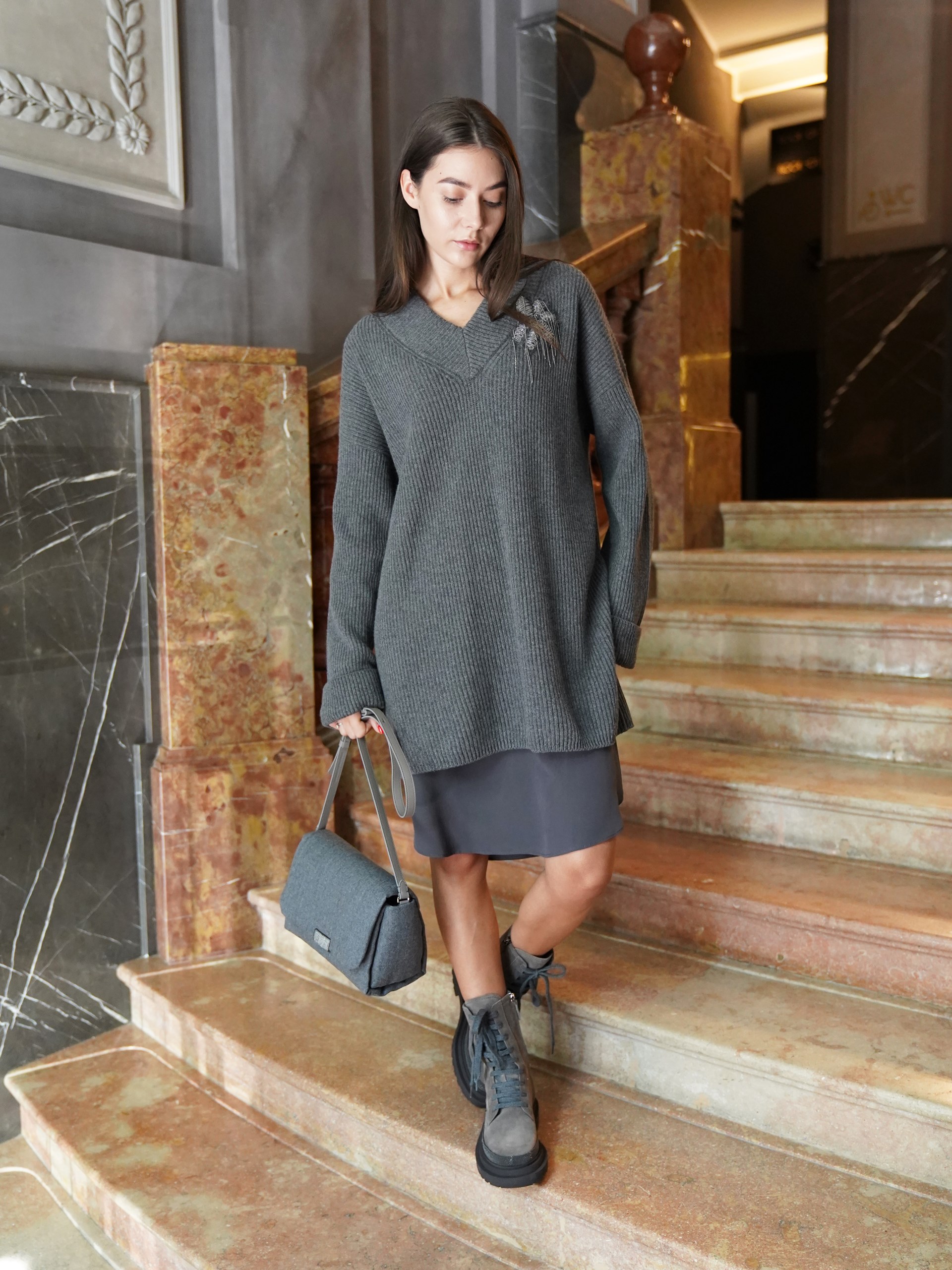 Brunello Cucinelli grey knit dress with stitched Monili element