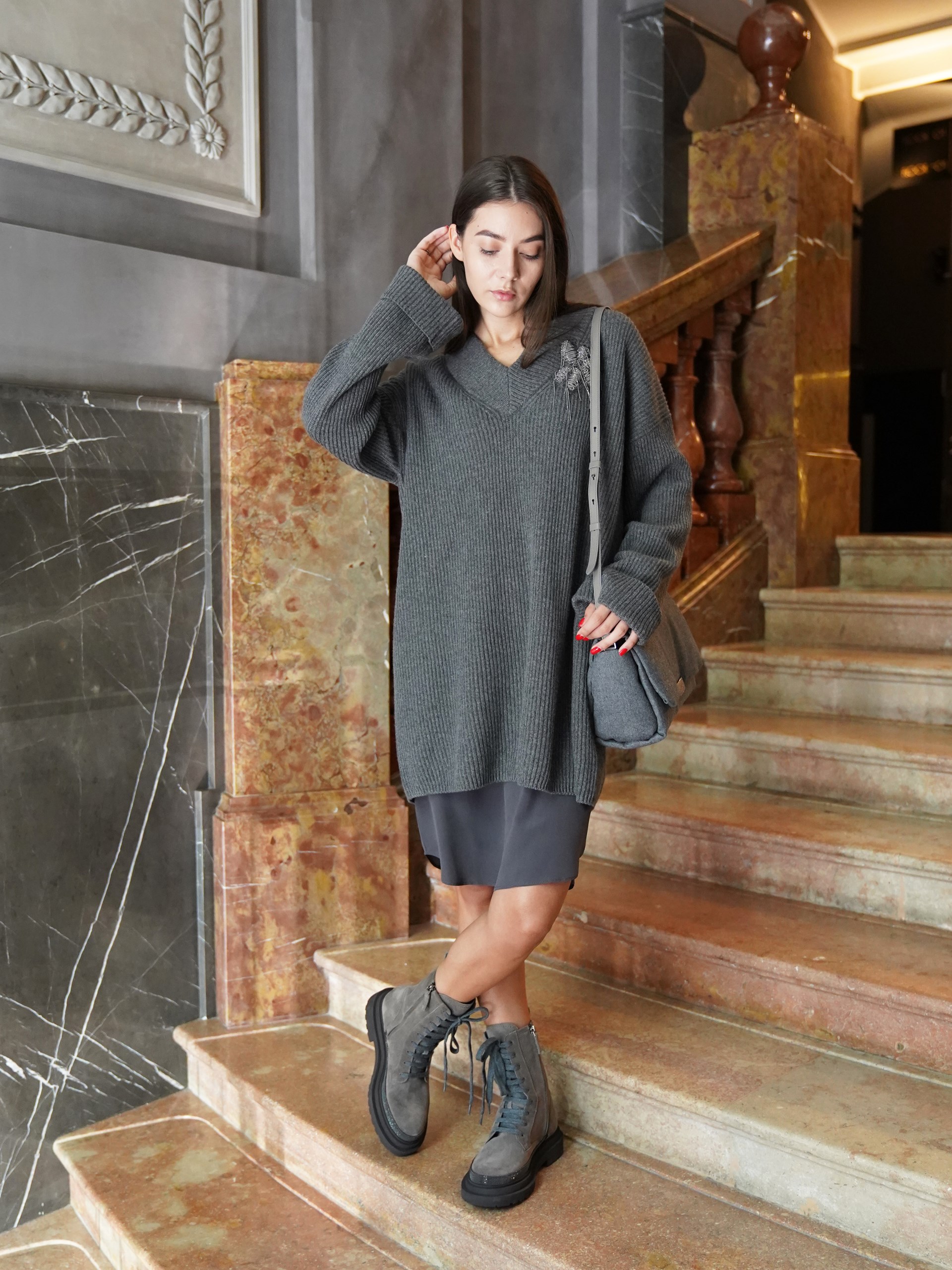 Brunello Cucinelli grey knit dress with stitched Monili element