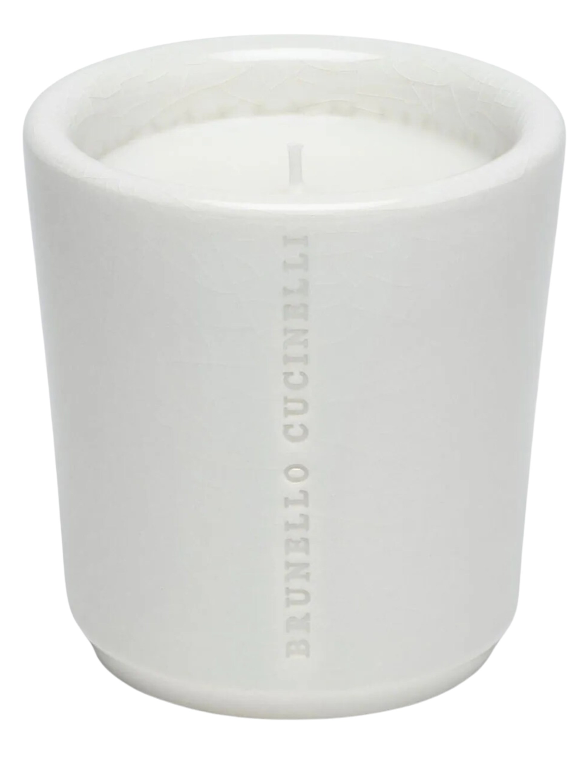 Brunello Cucinelli white glass candle with logo