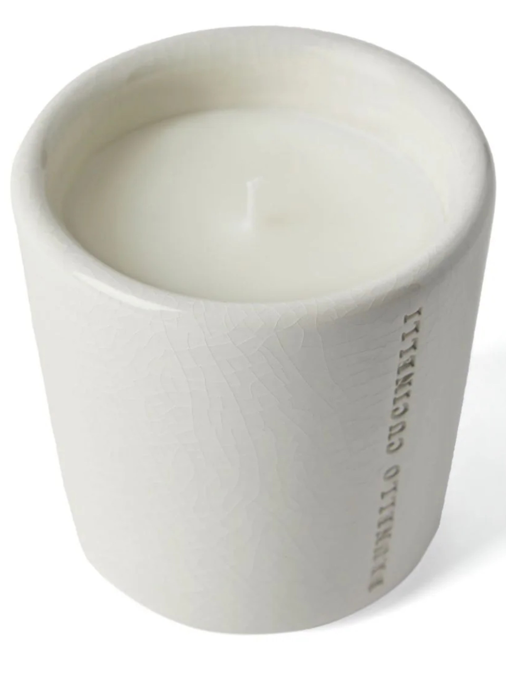 Brunello Cucinelli white glass candle with logo