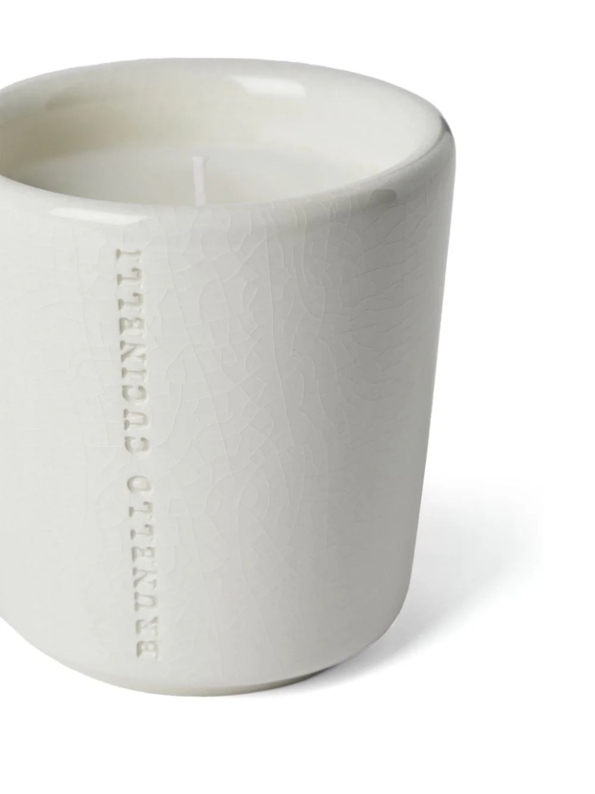 Brunello Cucinelli white glass candle with logo