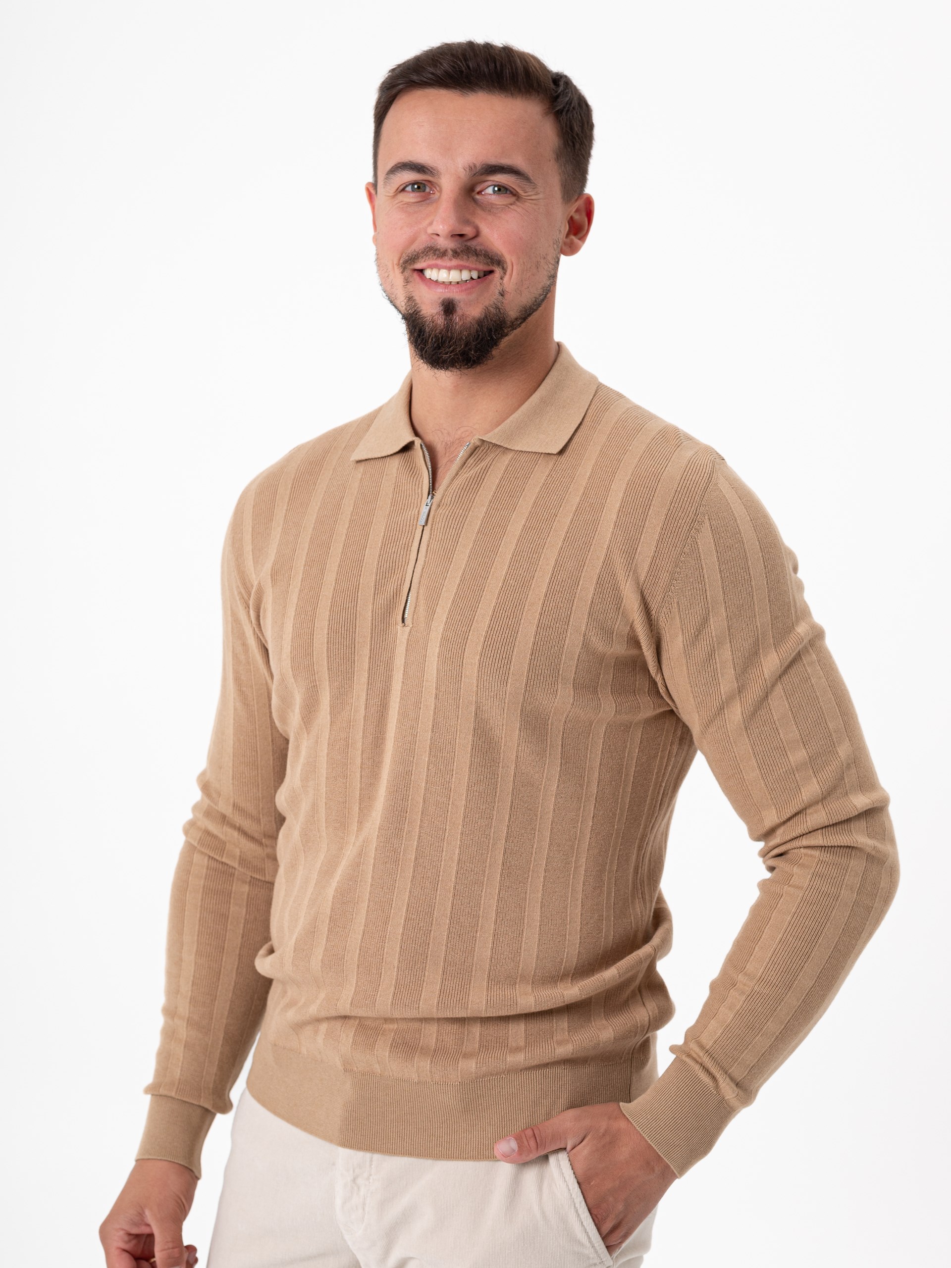 Cortigiani men's light brown cotton, cashmere and silk polo shirt