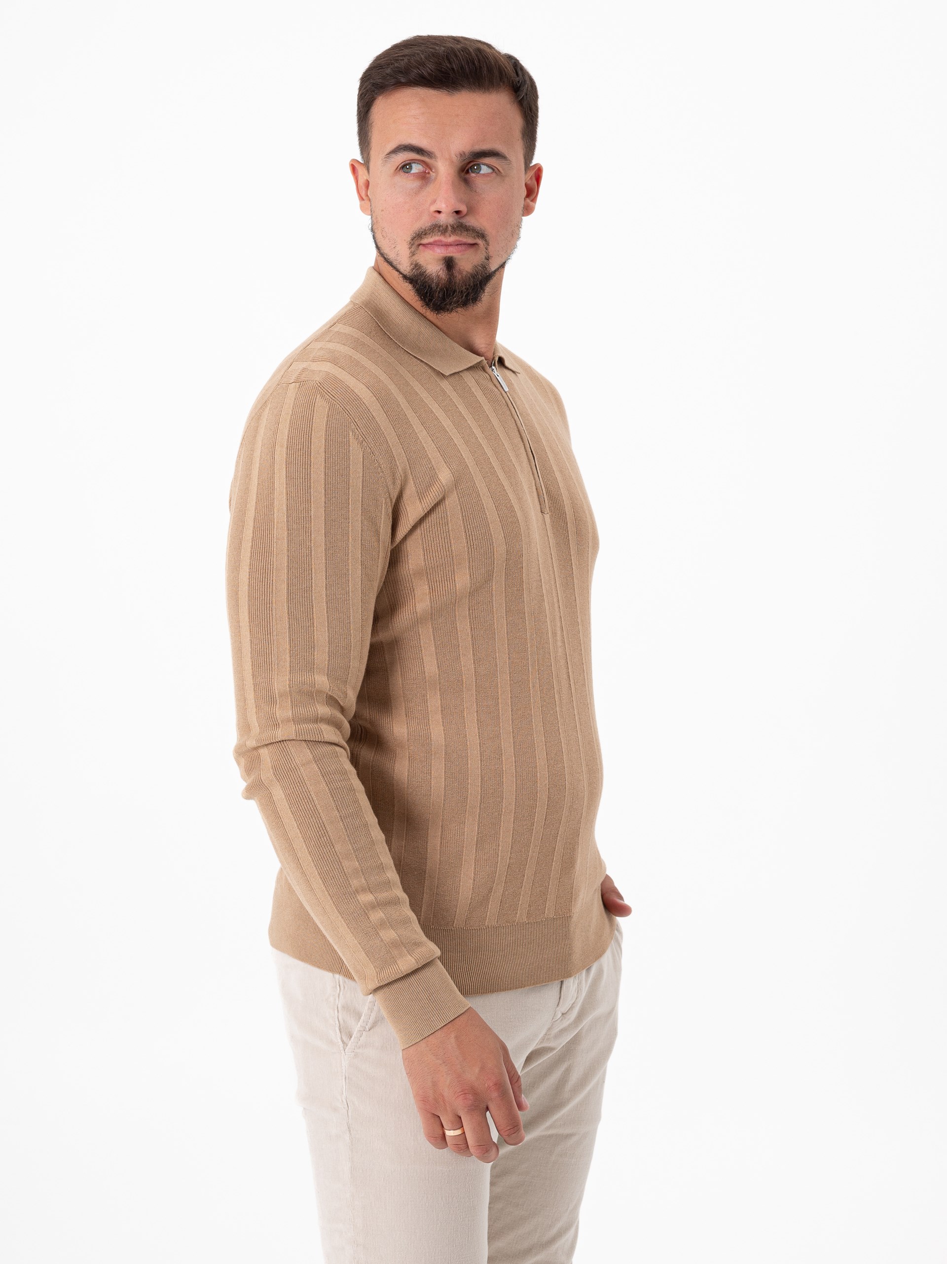 Cortigiani men's light brown cotton, cashmere and silk polo shirt