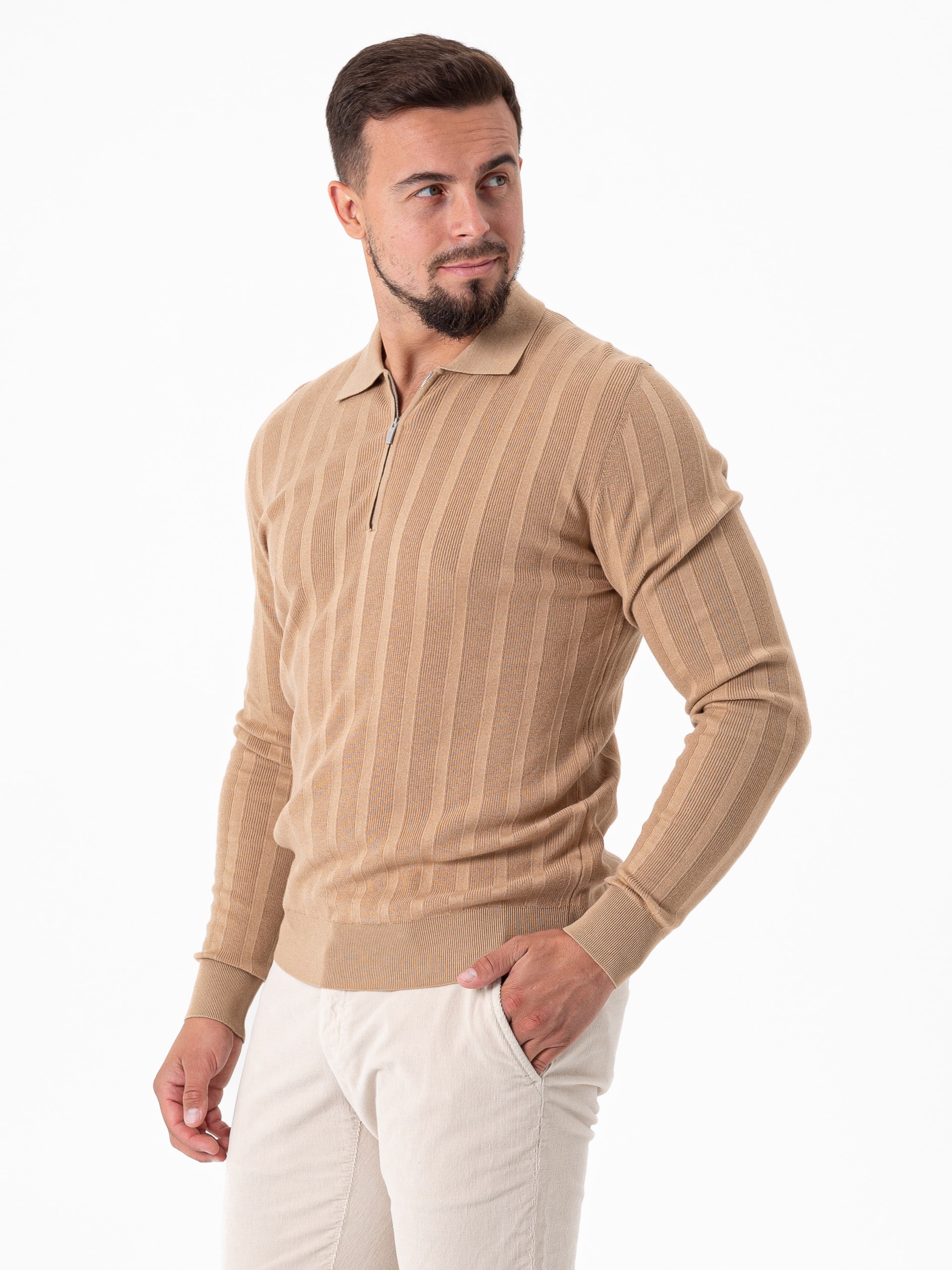 Cortigiani men's light brown cotton, cashmere and silk polo shirt