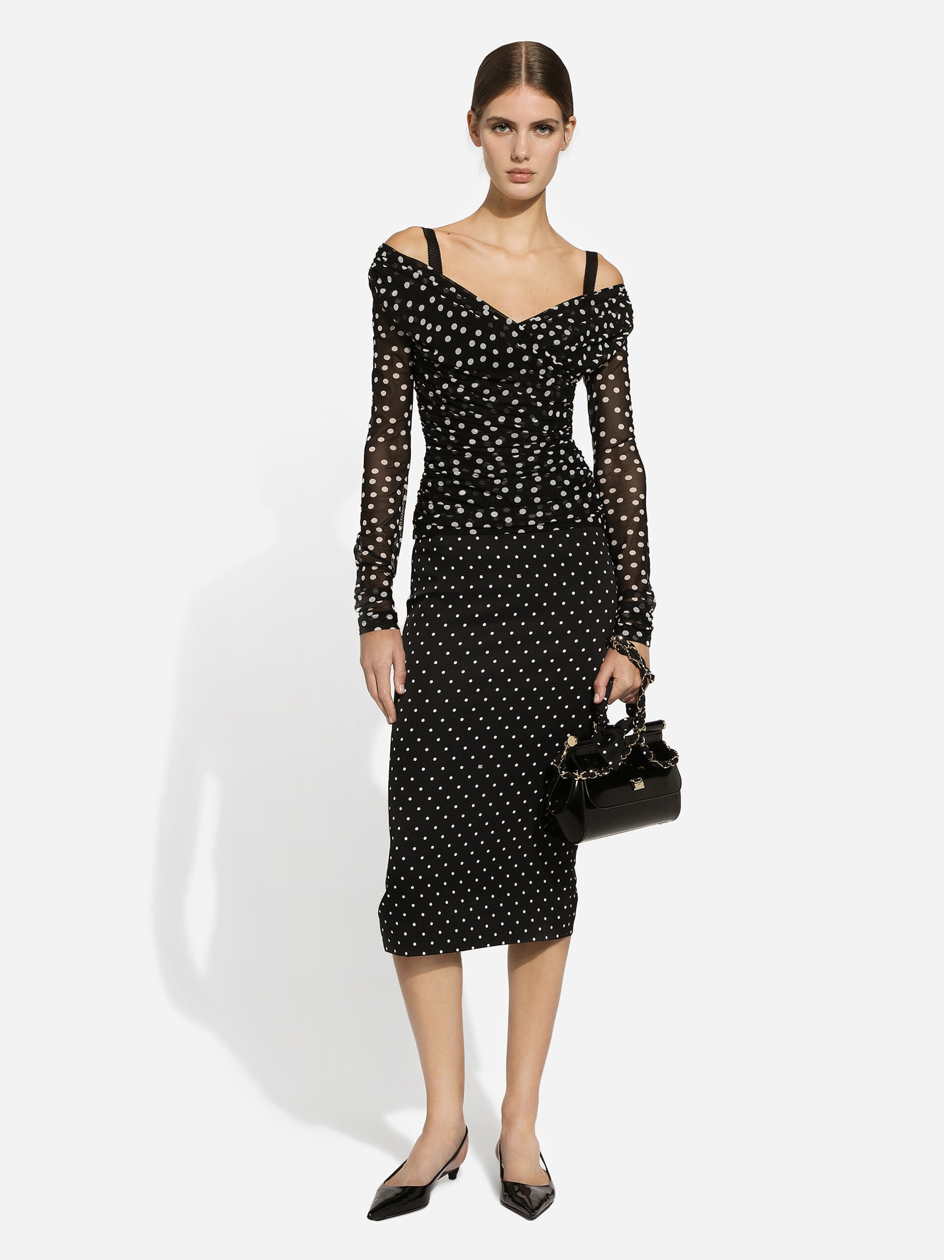Чорно-білий топ Dolce&Gabbana у принт Polka Dot з V-подібним вирізом