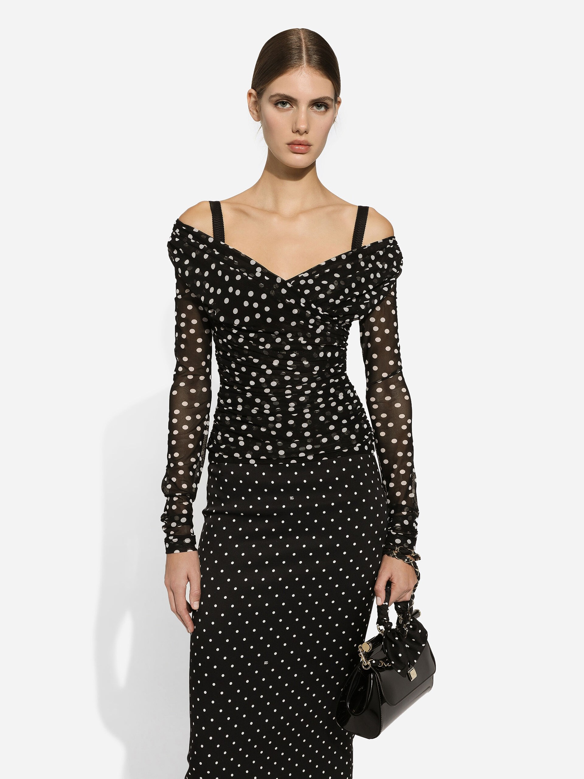 Чорно-білий топ Dolce&Gabbana у принт Polka Dot з V-подібним вирізом
