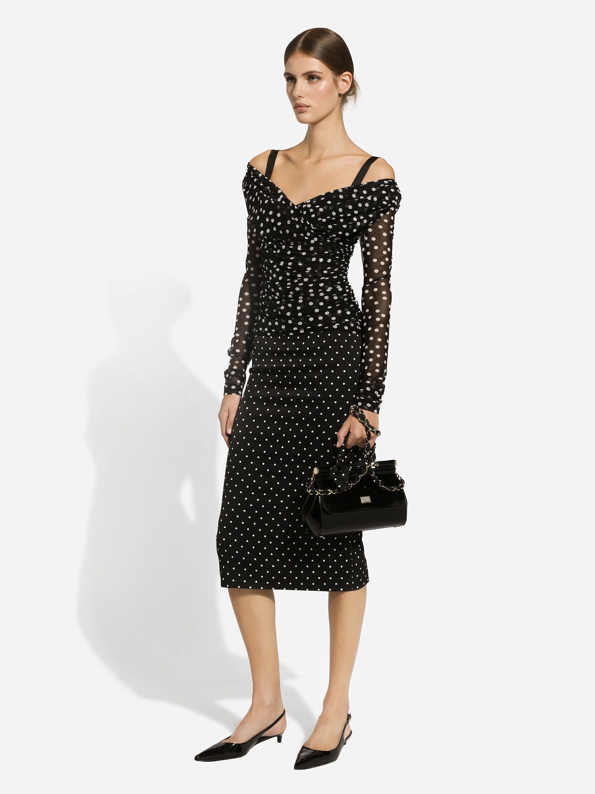 Чорно-білий топ Dolce&Gabbana у принт Polka Dot з V-подібним вирізом