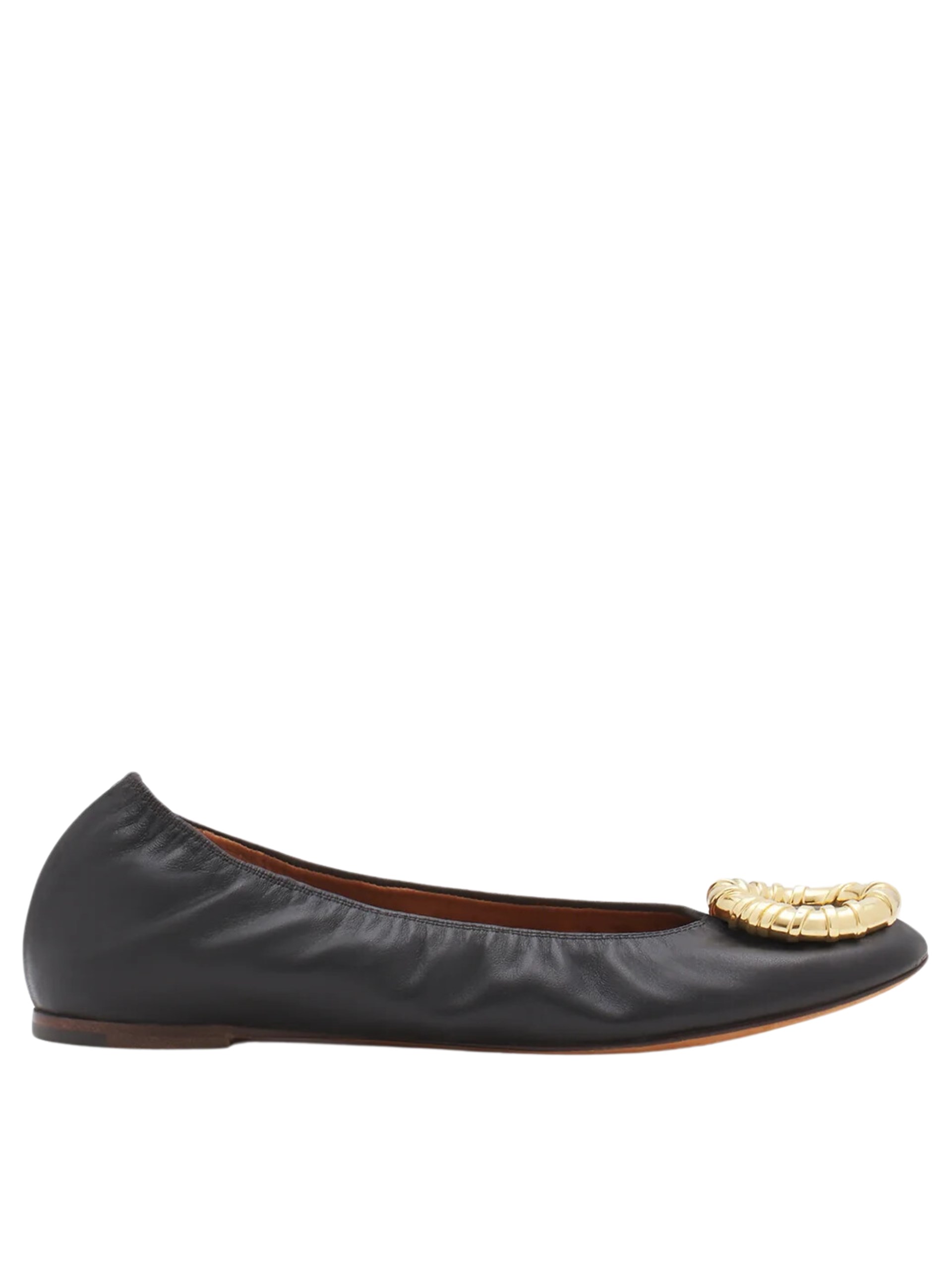 Lanvin Mélodie black leather ballet flats with gold buckle