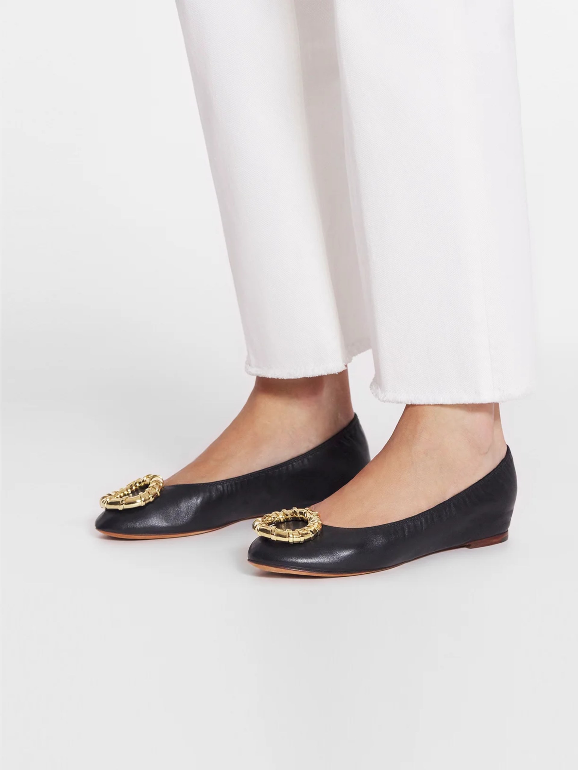 Lanvin Mélodie black leather ballet flats with gold buckle