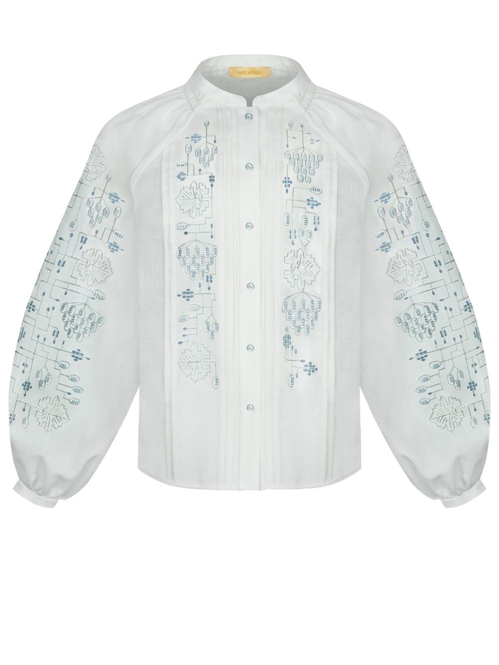 Park Avenue Atelier white shirt with hand-embroidered graphic pattern