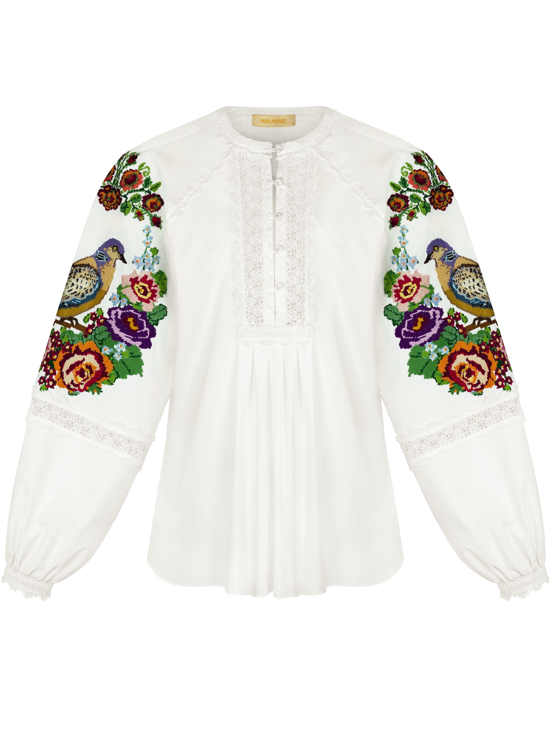 Park Avenue Atelier white embroidered shirt with lace and colorful hand embroidery