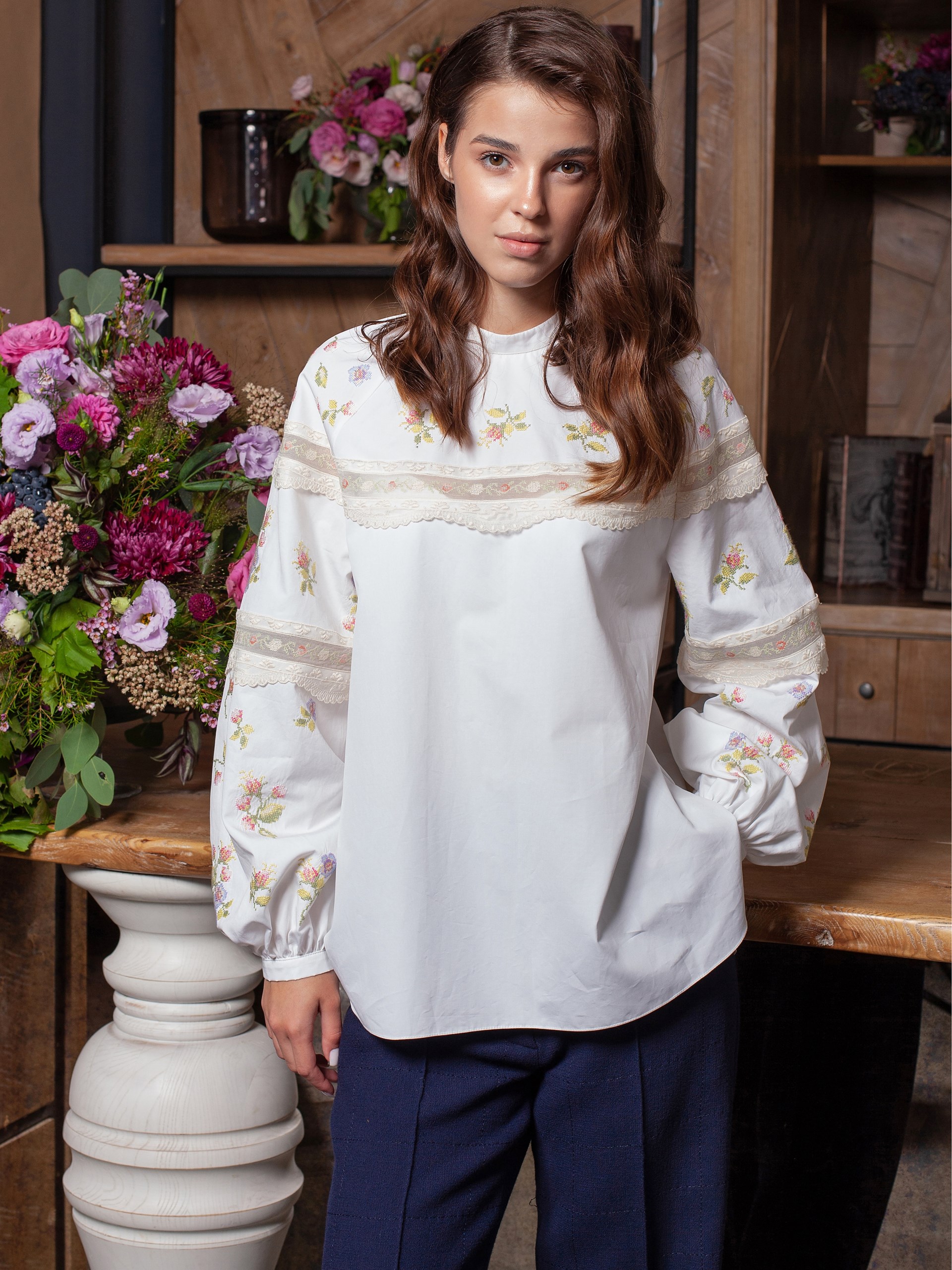 Park Avenue Atelier white embroidered shirt with pink embroidery