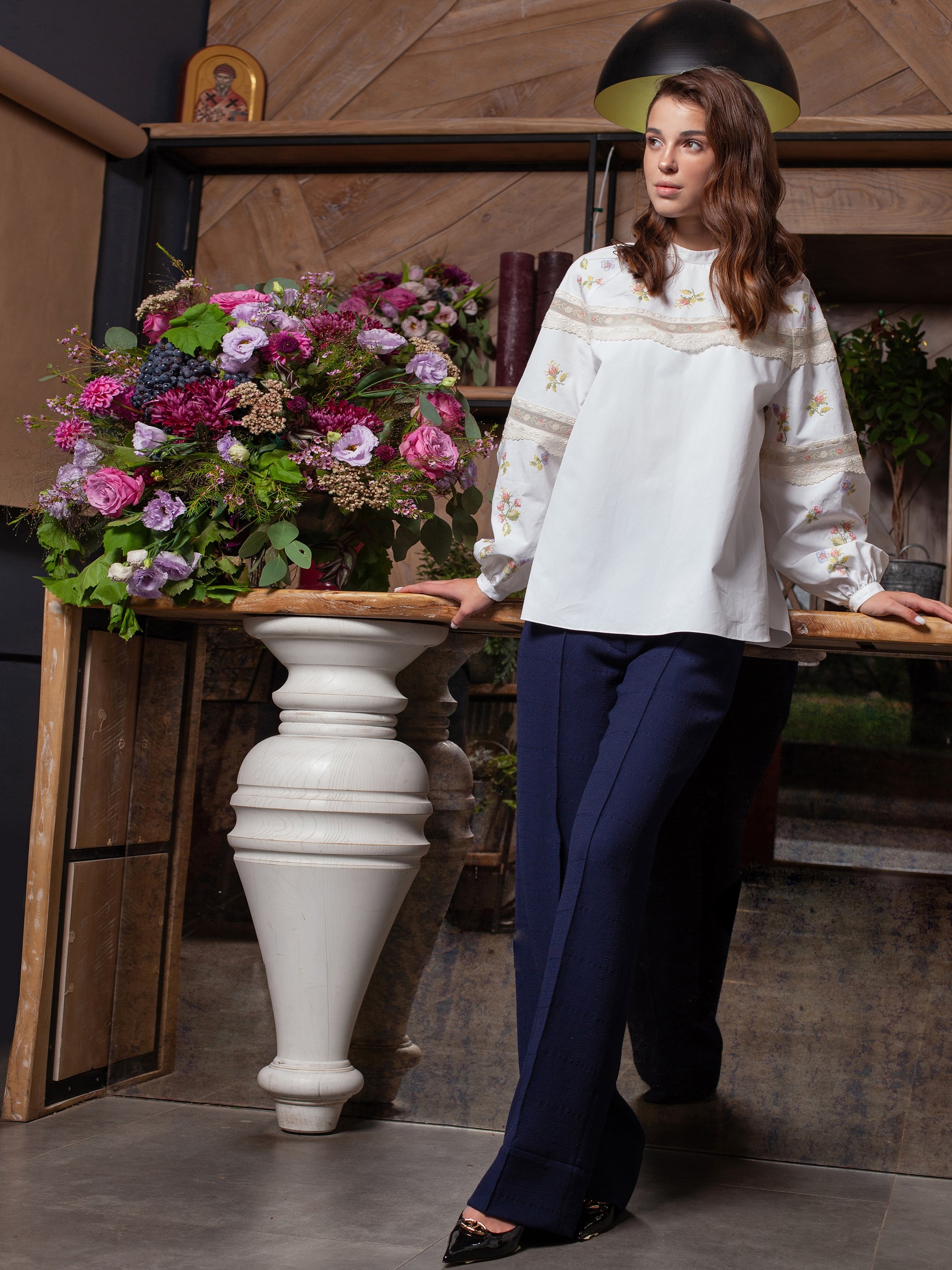 Park Avenue Atelier white embroidered shirt with pink embroidery