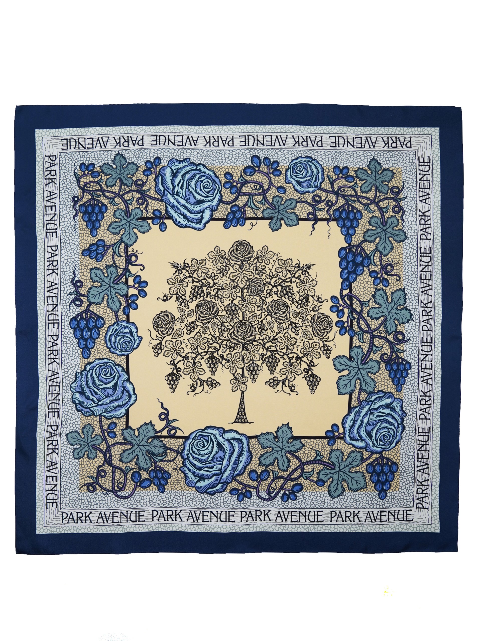 Park Avenue Atelier navy blue scarf on a beige background with an author's print