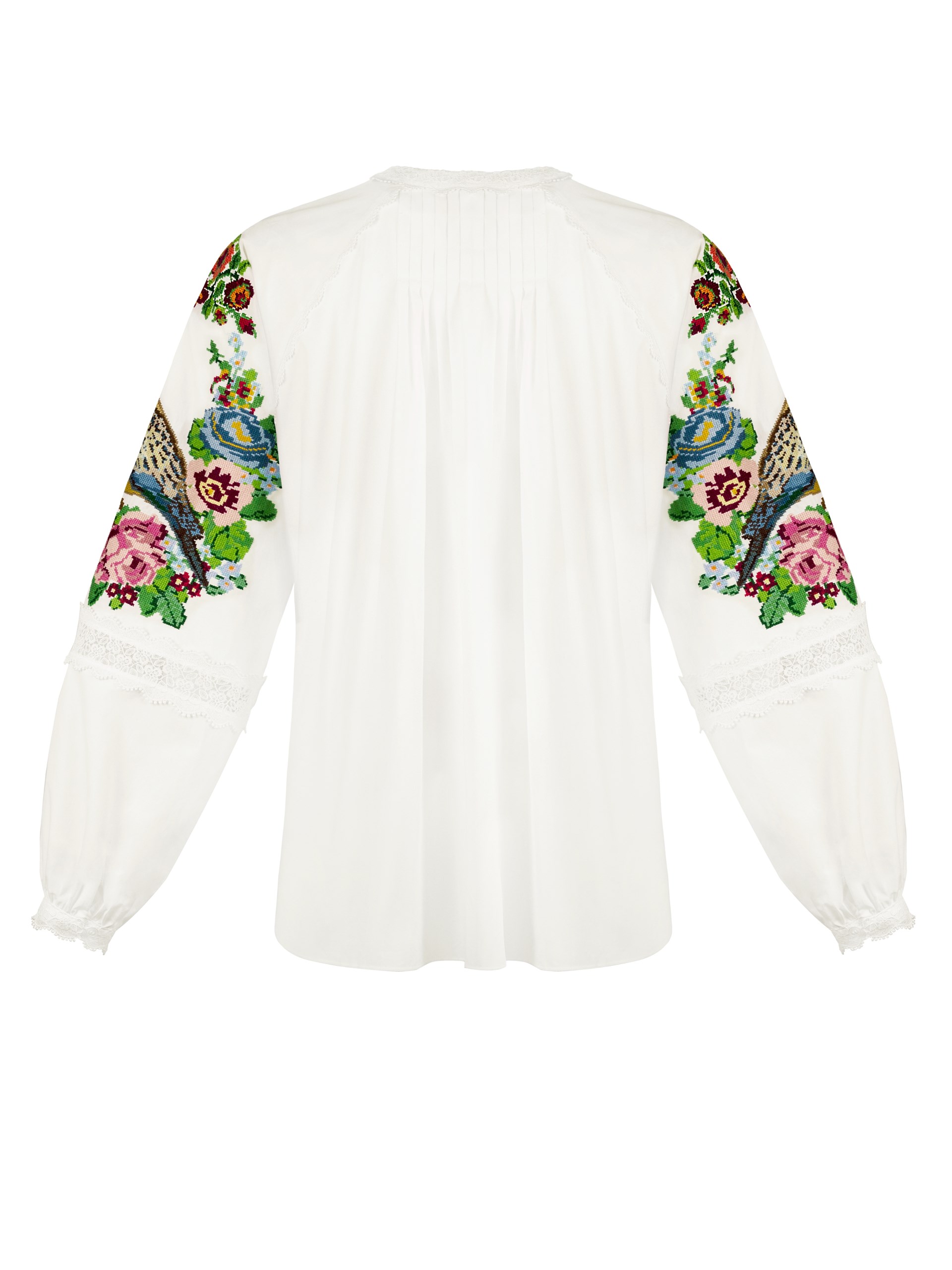 Park Avenue Atelier white embroidered shirt with lace and colorful hand embroidery