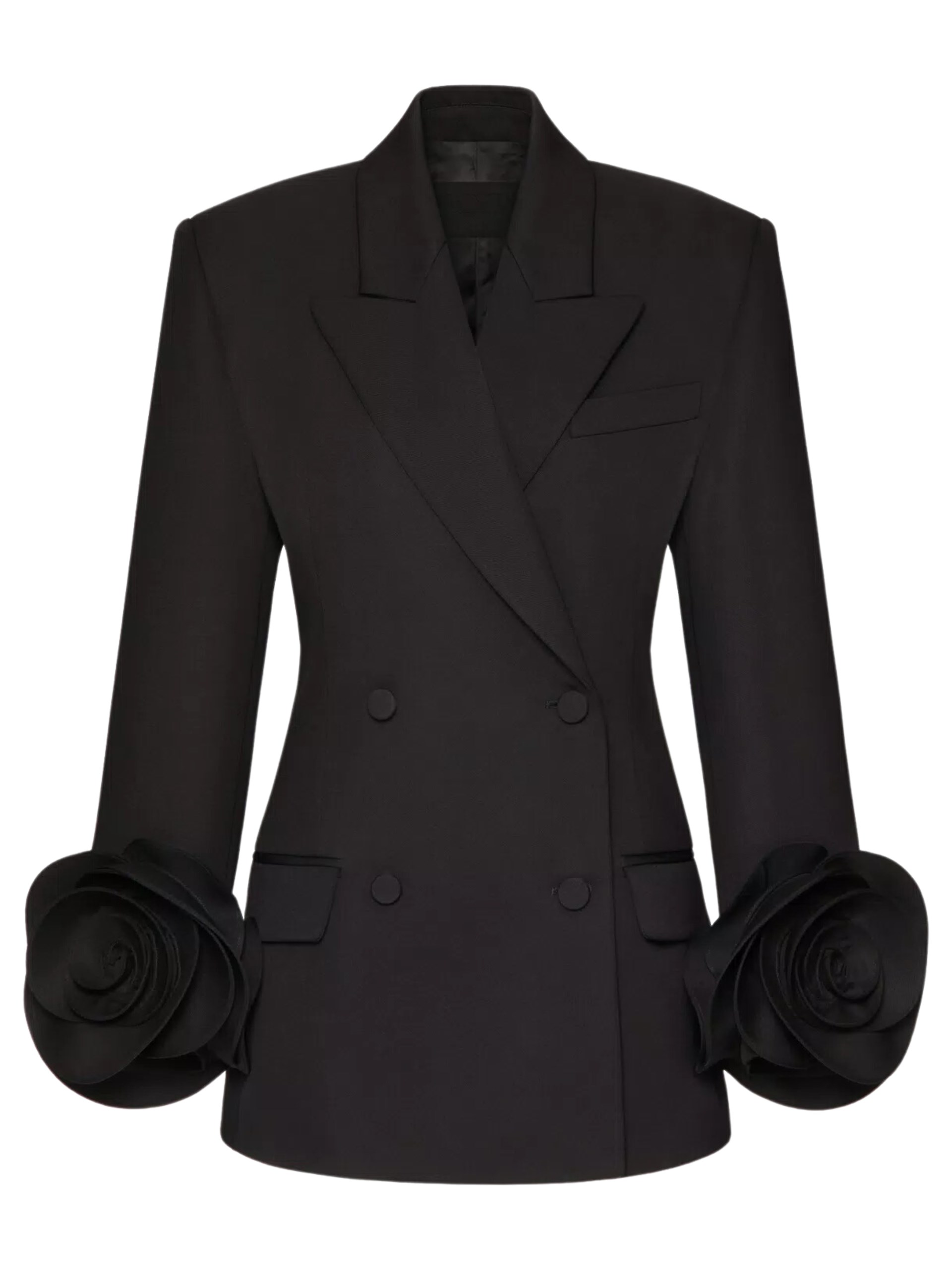 Valentino black double-breasted jacket with voluminous roses on the cuffs