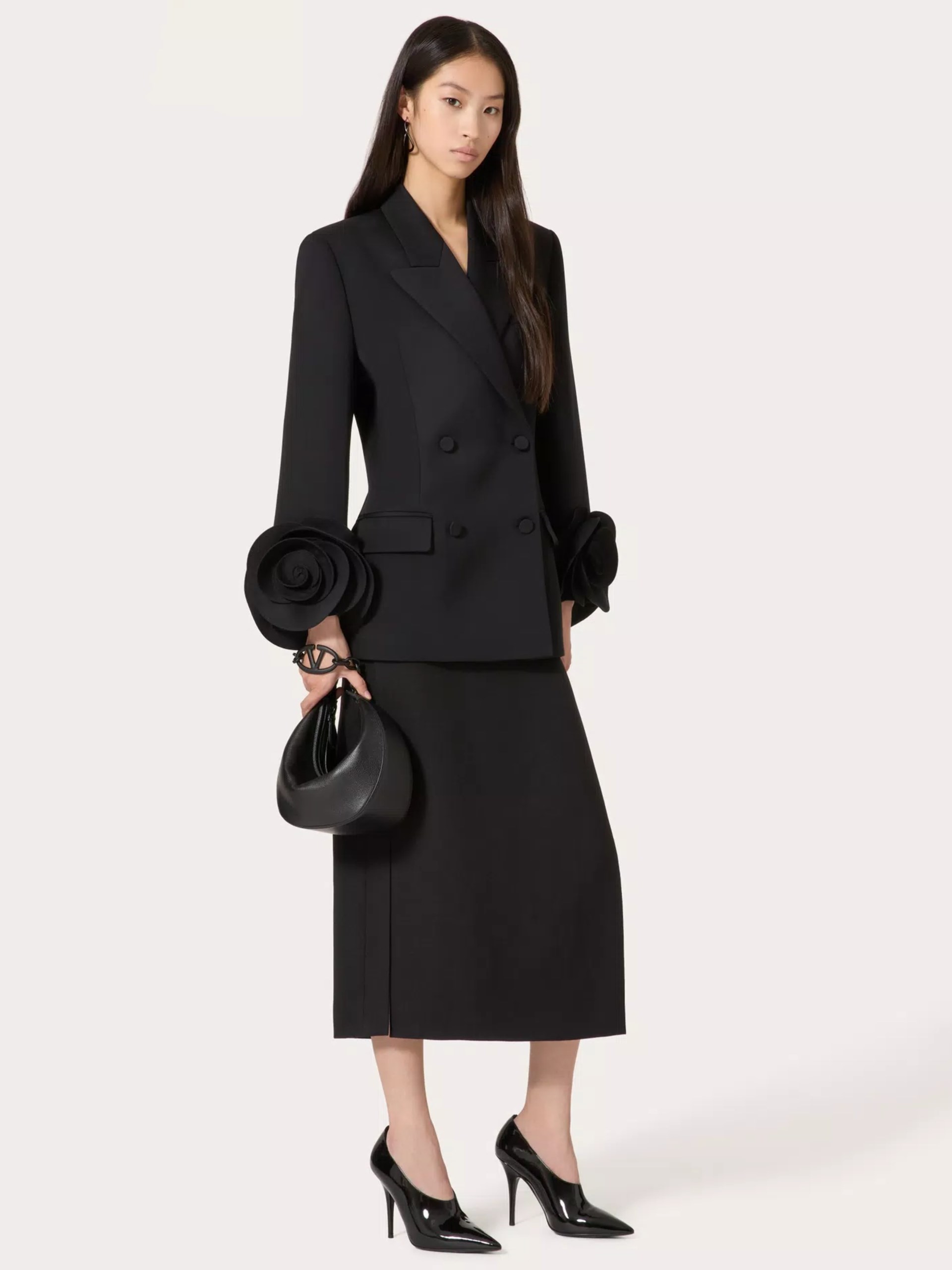 Valentino black double-breasted jacket with voluminous roses on the cuffs