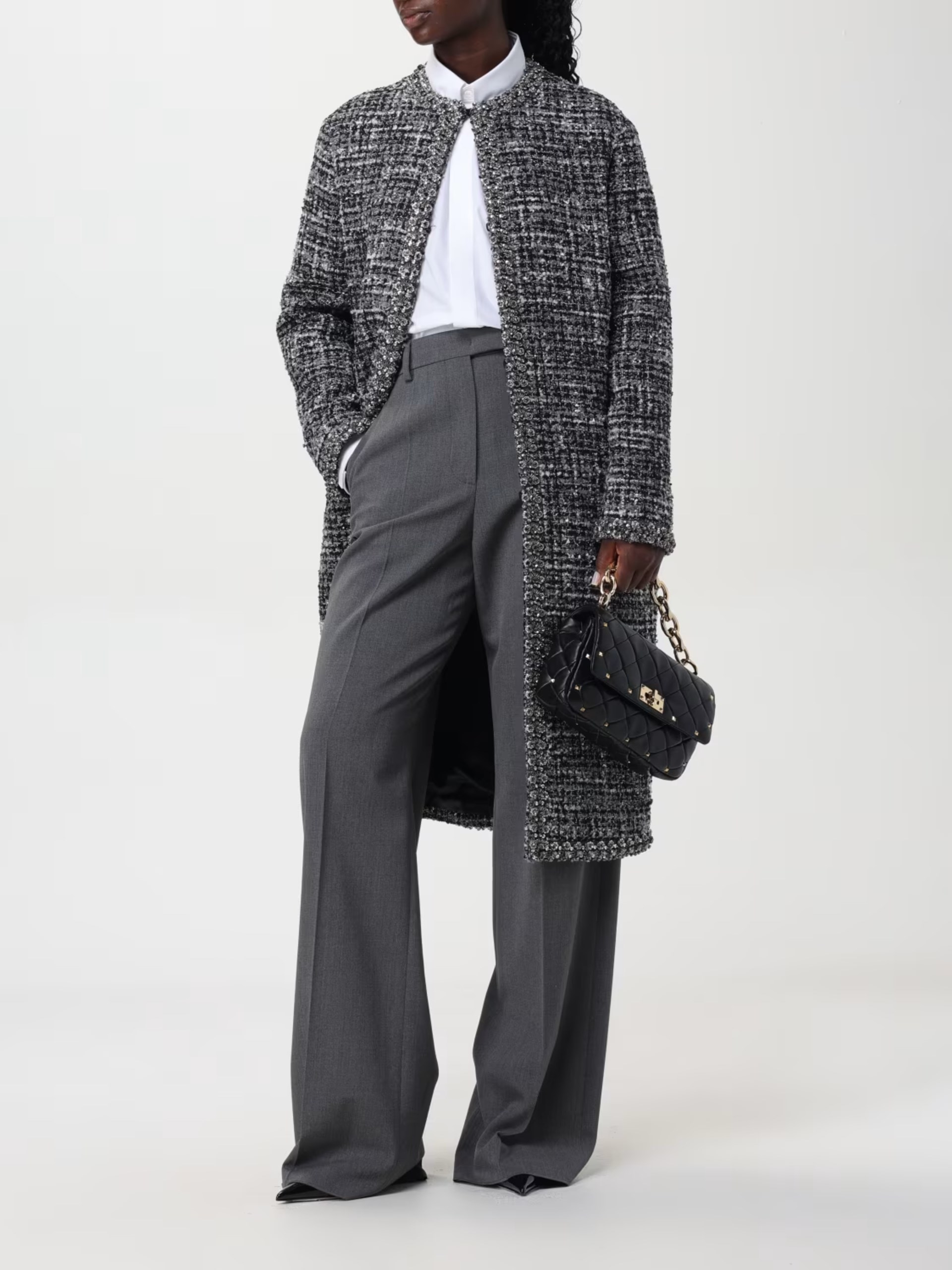 Valentino Dark Gray Tweed Crew Neck Coat