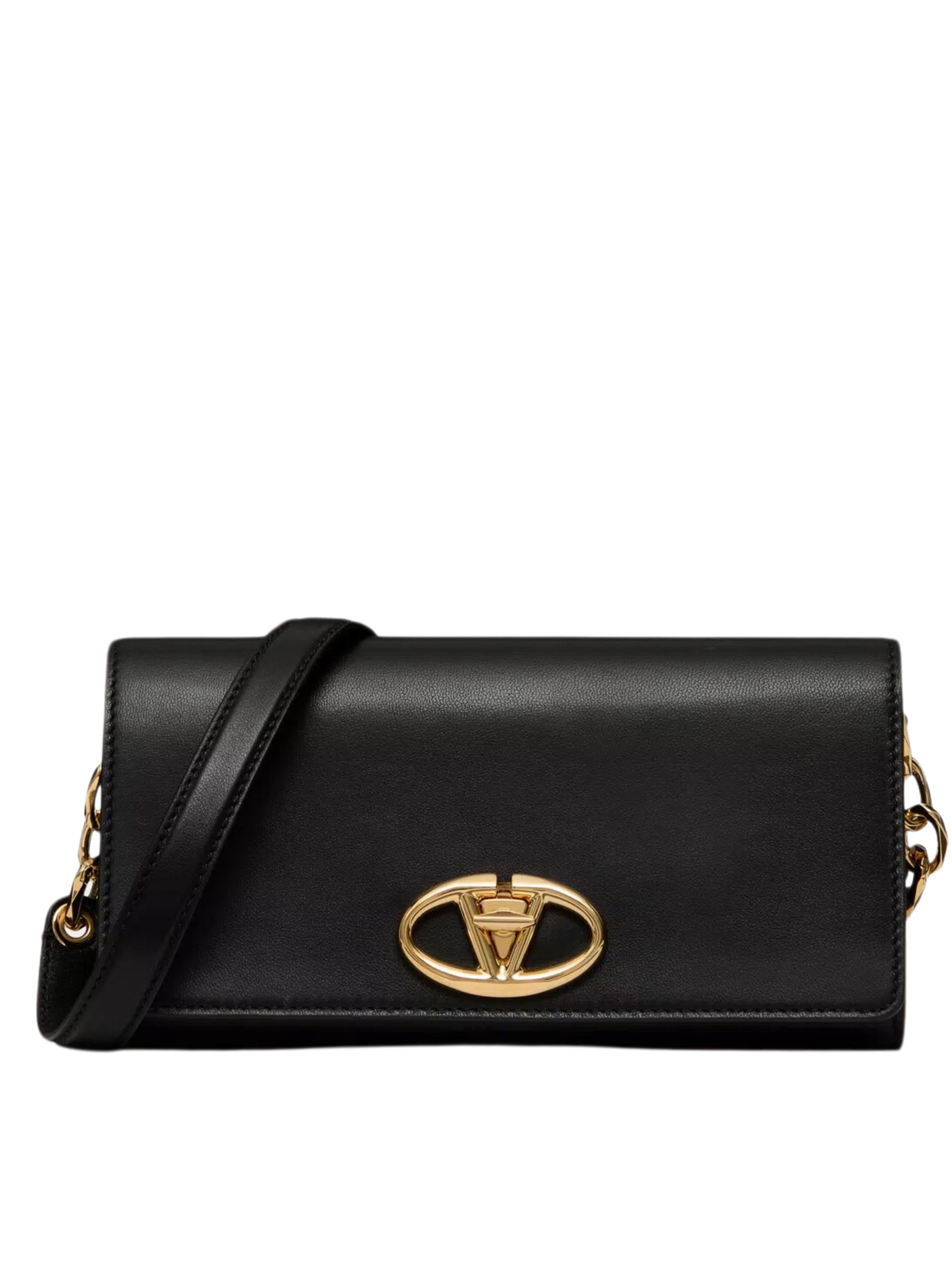 Valentino Garavani Vlogo The Bold Edition Black Leather Clutch With Shoulder Strap