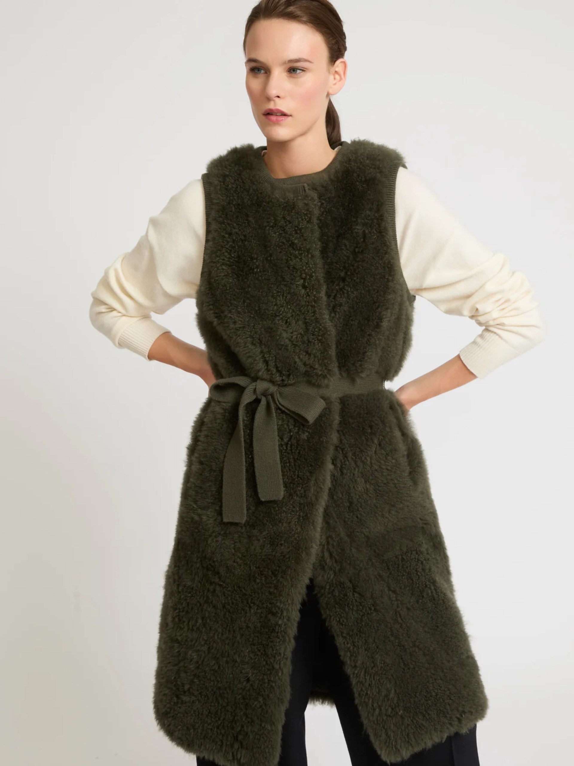 Yves Salomon tank top in merino fur and khaki leather