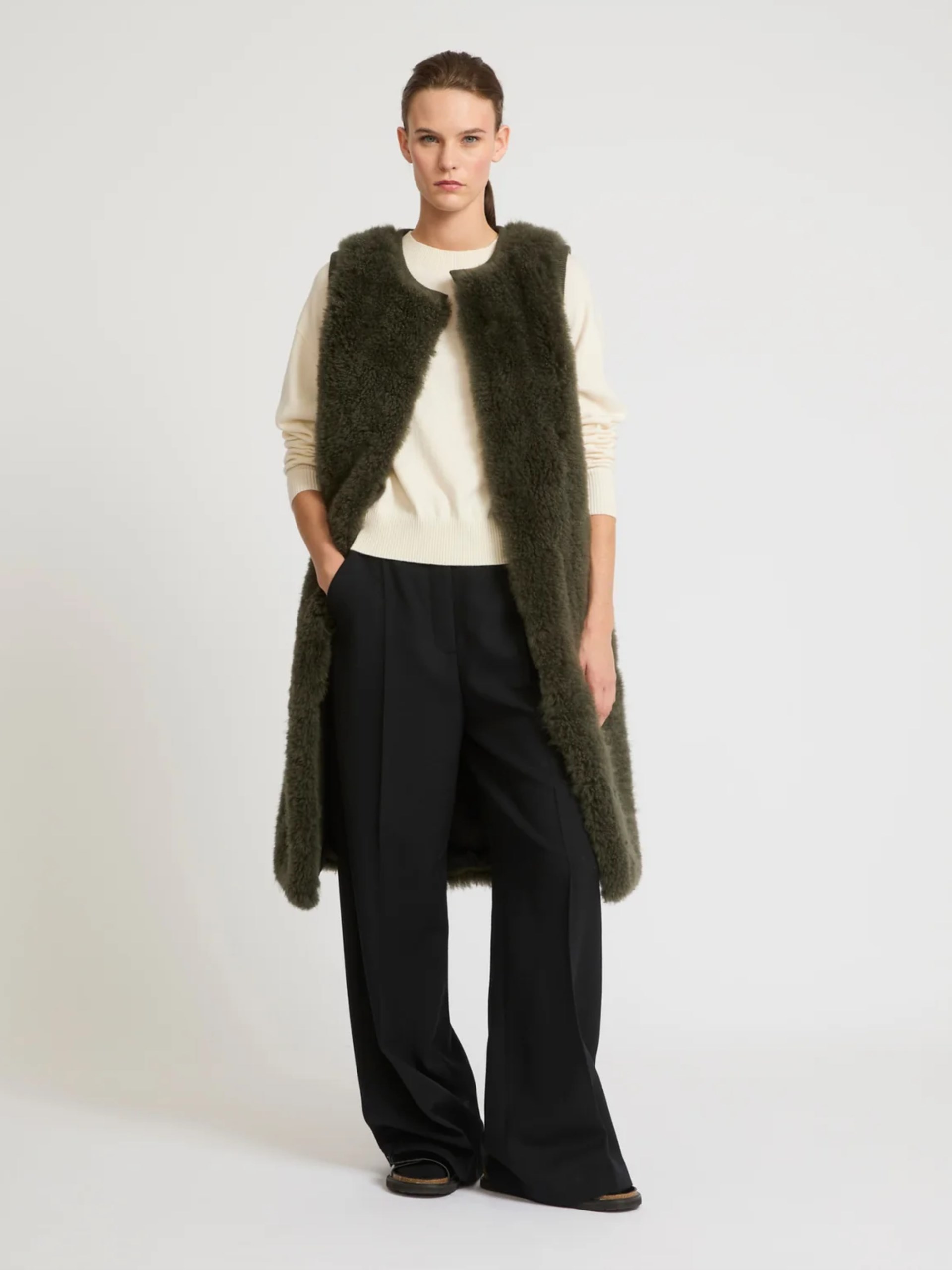 Yves Salomon tank top in merino fur and khaki leather