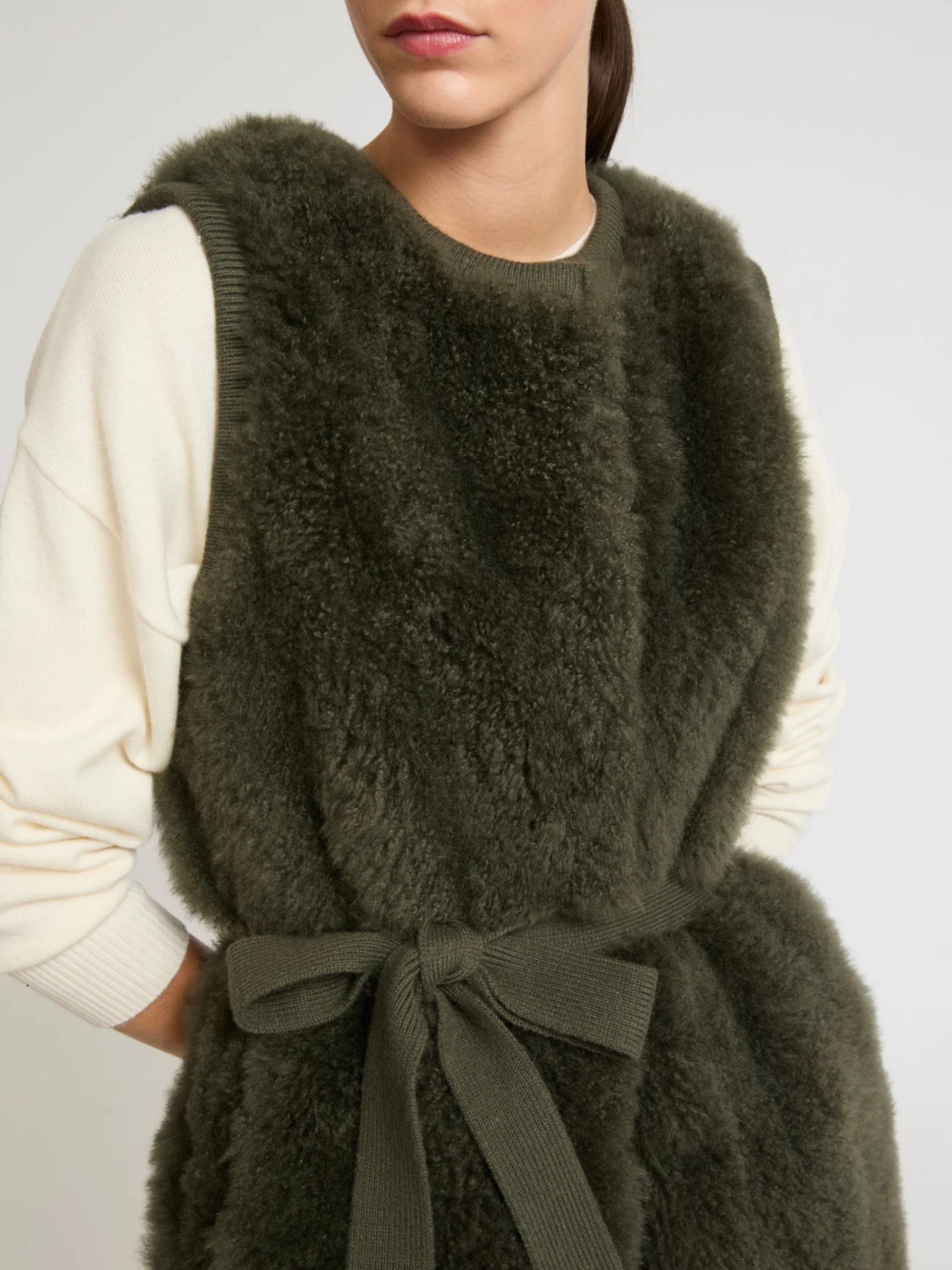 Yves Salomon tank top in merino fur and khaki leather