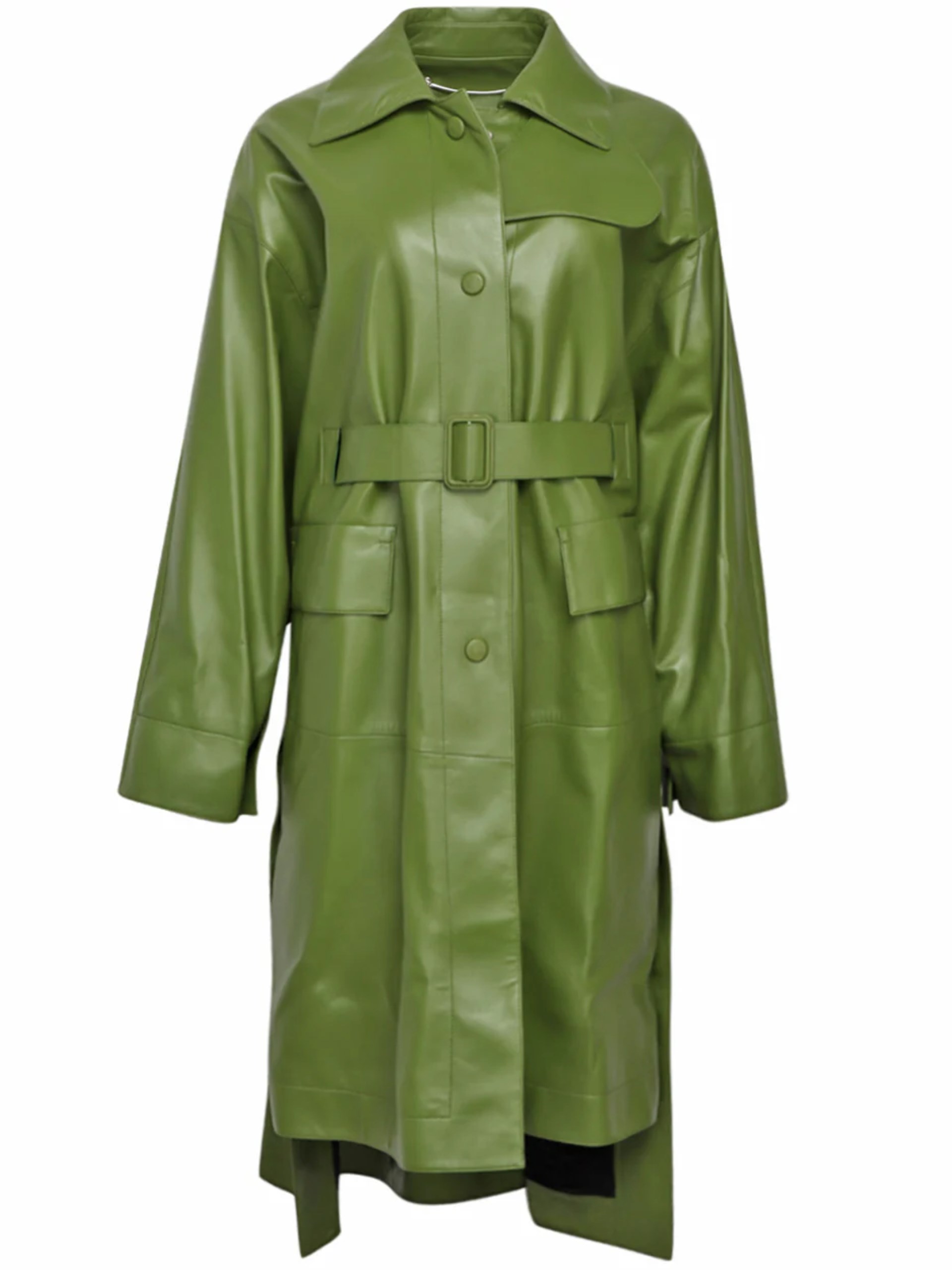 Lanvin green leather trench coat with strap