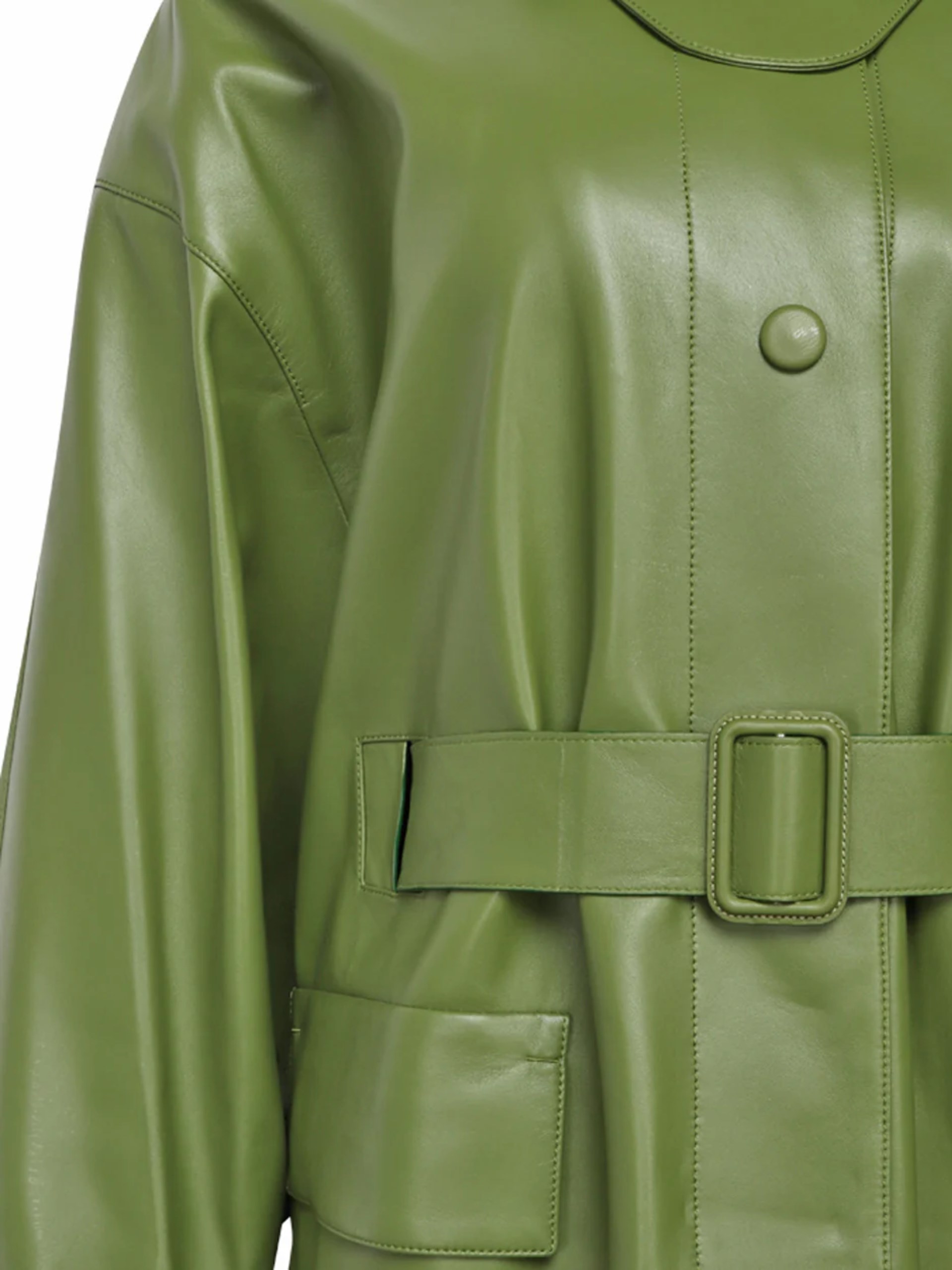 Lanvin green leather trench coat with strap