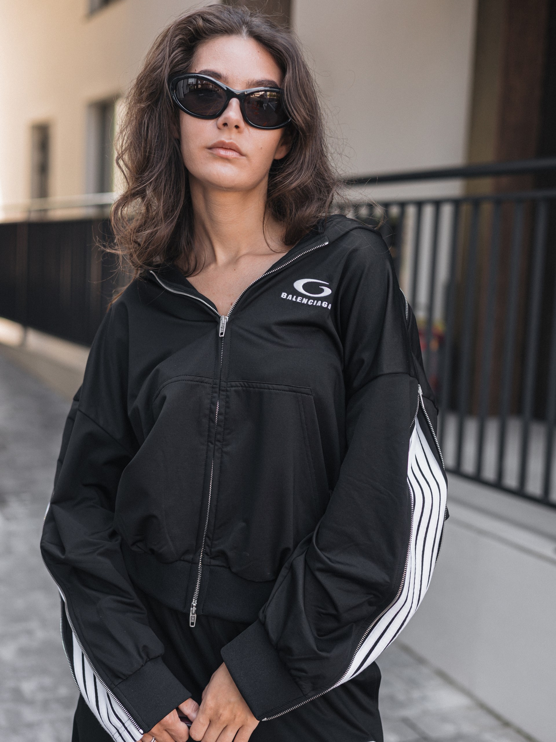 Balenciaga black hoodie with contrast stripes