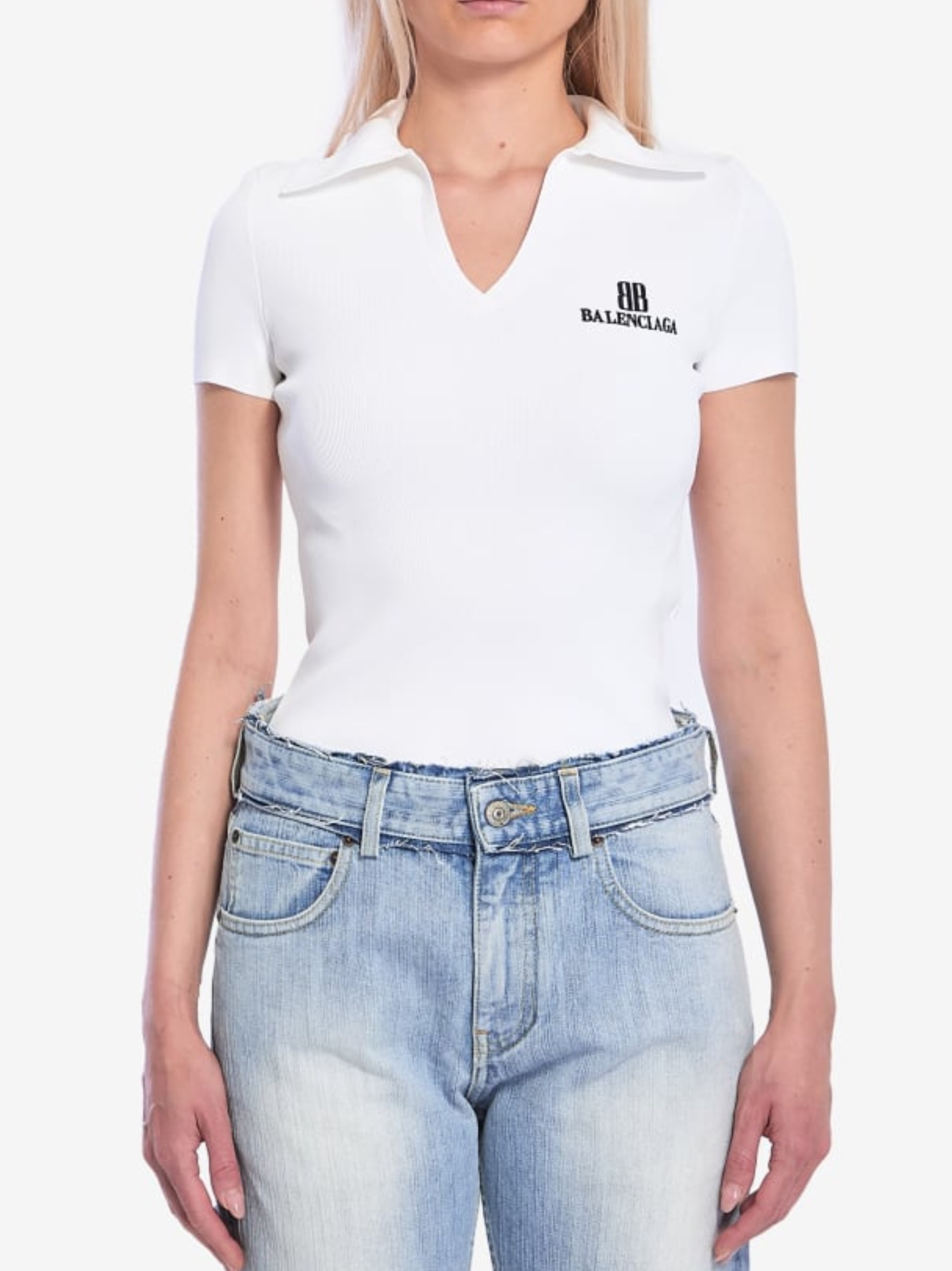 Balenciaga white ribbed polo with contrast logo