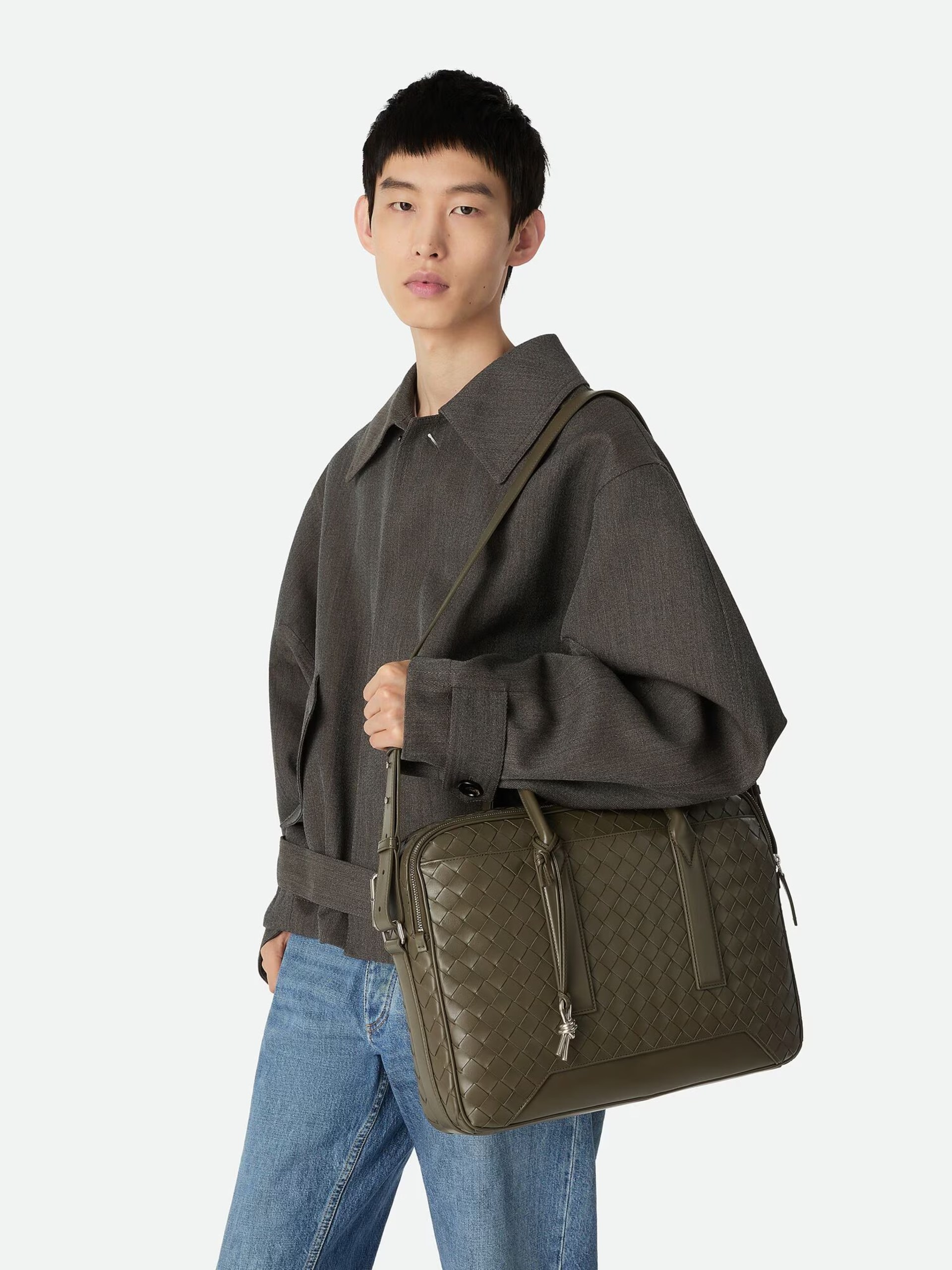 Bottega Veneta men's khaki briefcase in soft Intrecciato leather