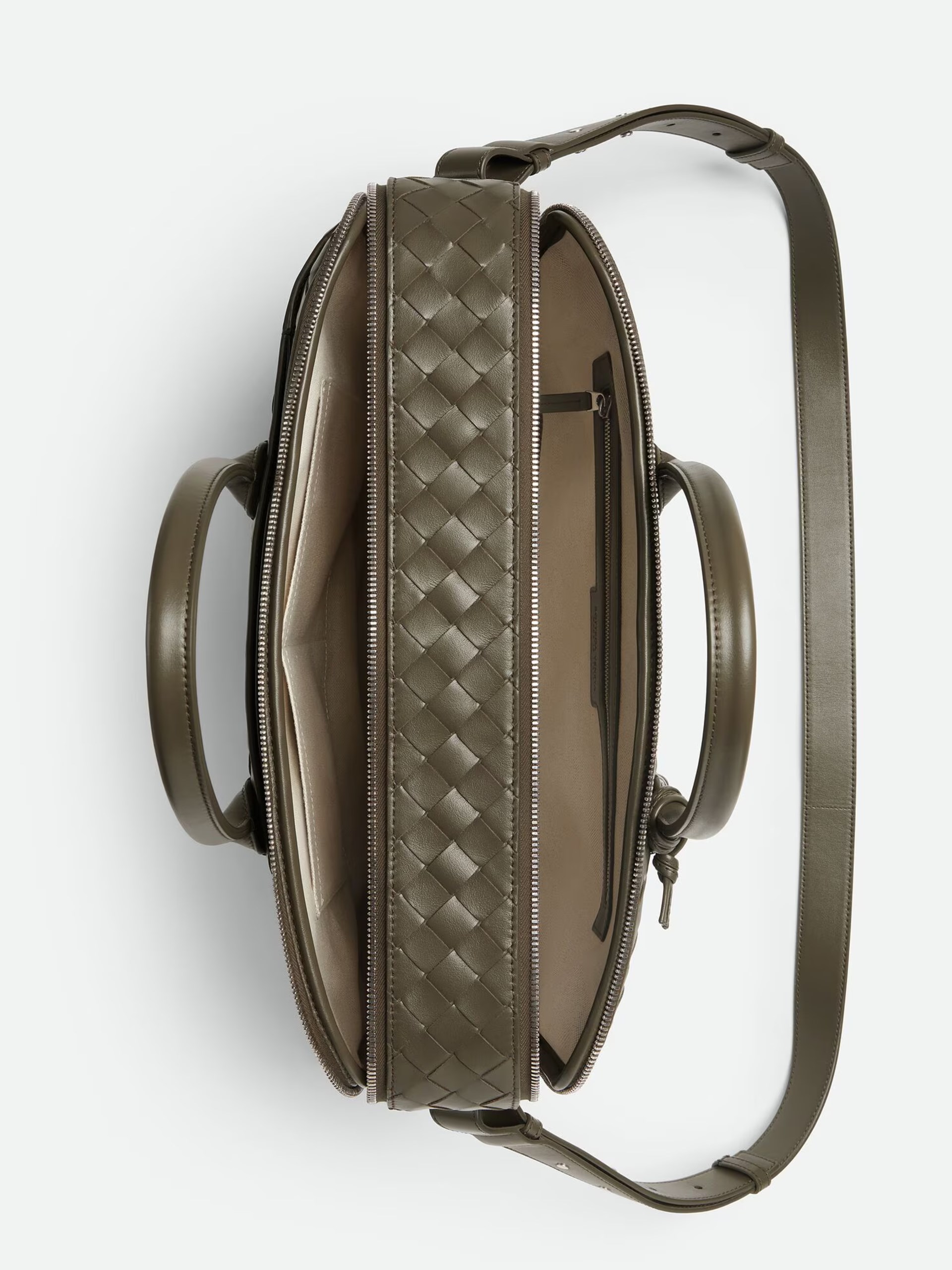 Чоловічий портфель Bottega Veneta кольору хакі з м’якої шкіри Intrecciato