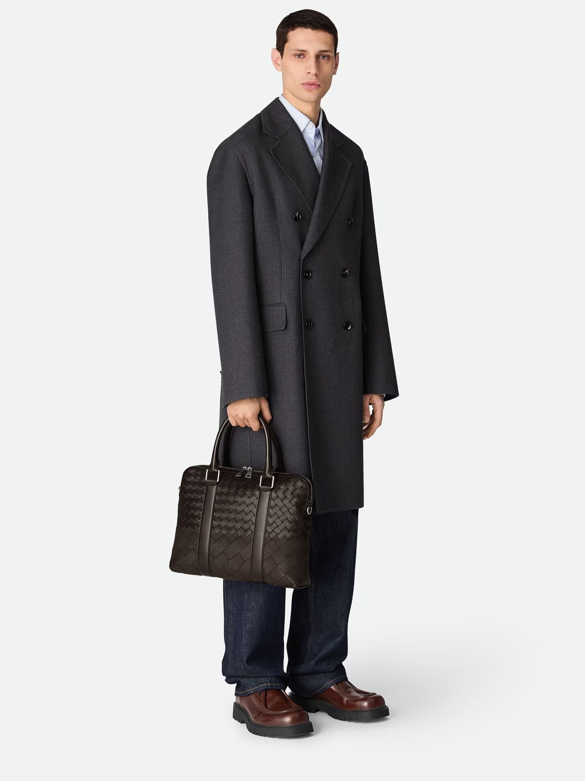 Чоловічий темно-коричневий портфель Bottega Veneta з м’якої шкіри Intrecciato